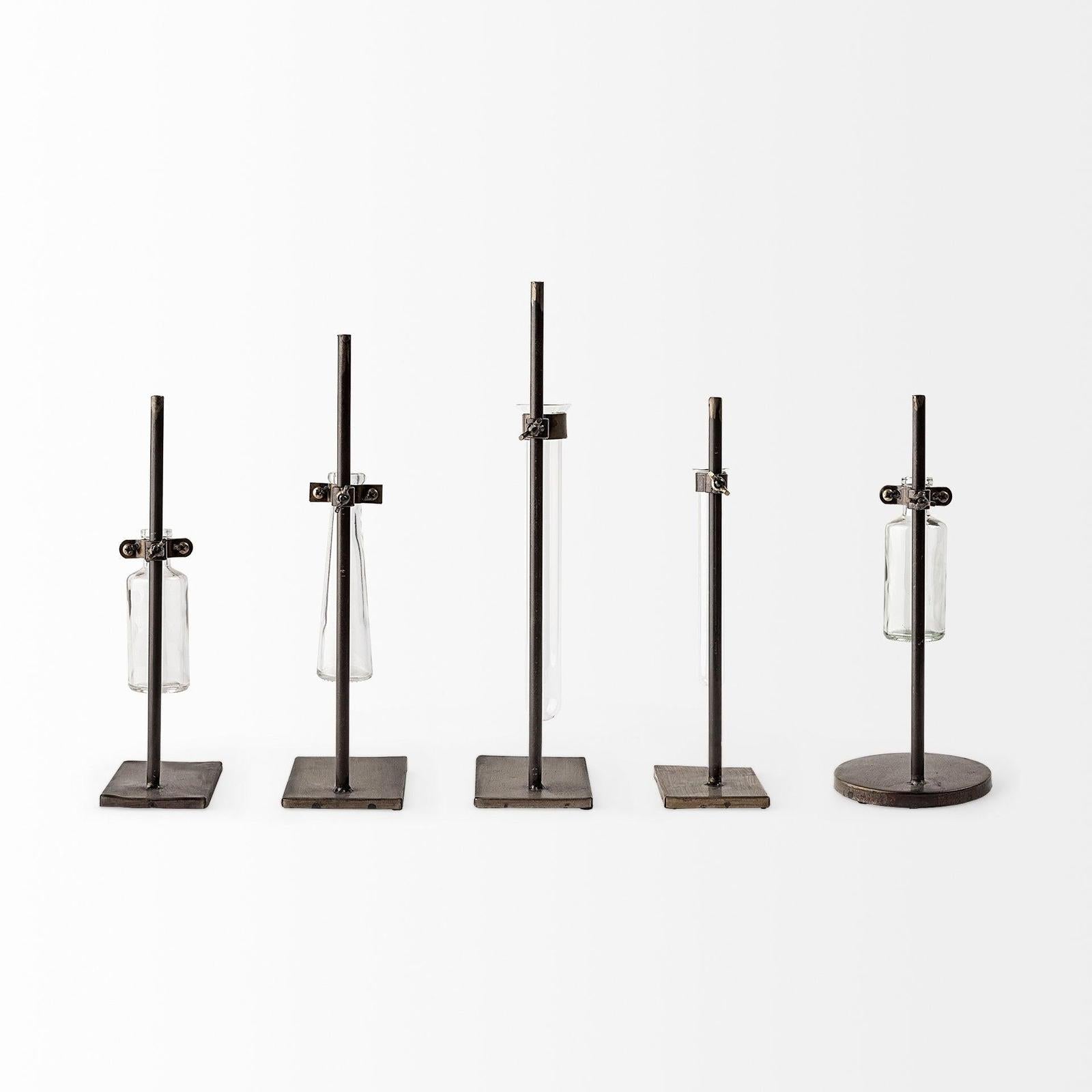 Mercana Jarvis Dark Brown Metal and Glass Chemistry Inspired Bottles-Setof 5