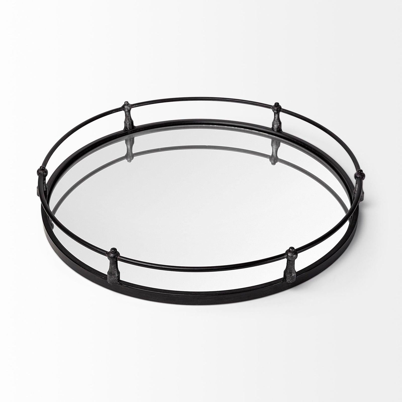Mercana Kimbel Black Metal Mirrored Base Round Tray