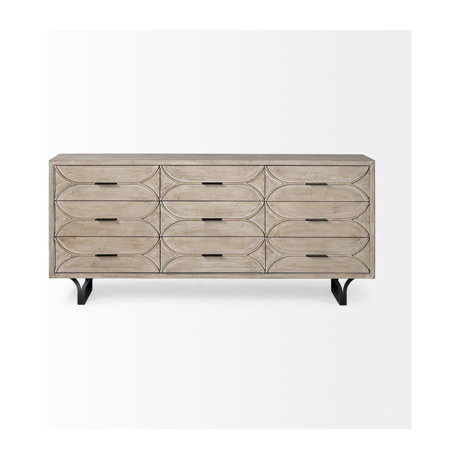 Mercana Giselle Brown Fir Veneer W/Black Metal Leg 9 Drawer Sideboard Clearance