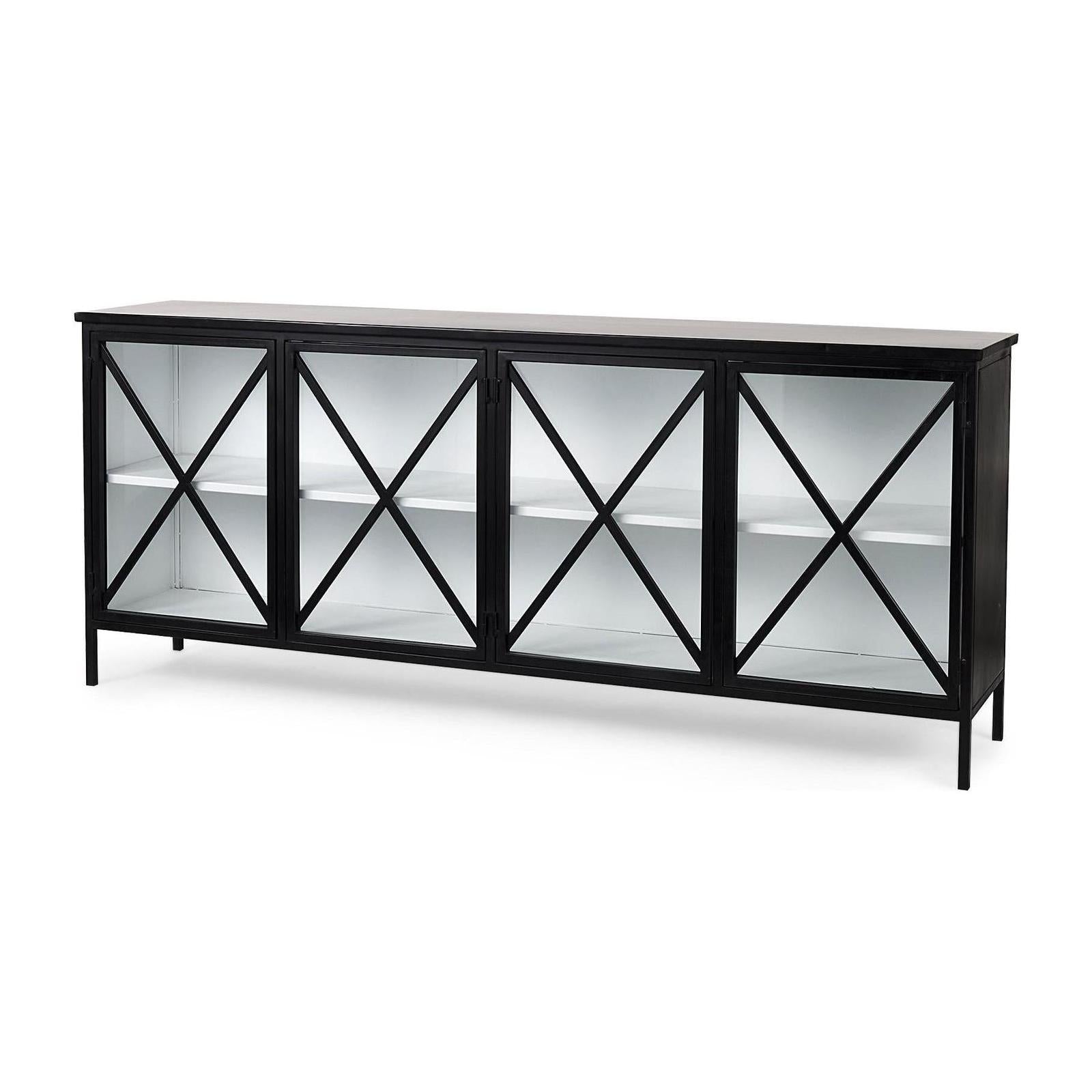 Mercana Aurelia Black and White Metal Four Door Glass Cabinet Buffet Clearance