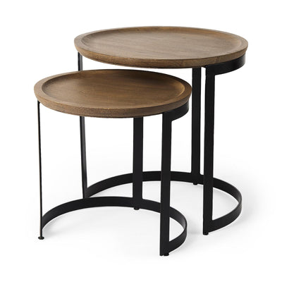 Mercana Aisley Light Brown Wood W/ Black Metal Base Round Nesting Side Tables - Set of 2