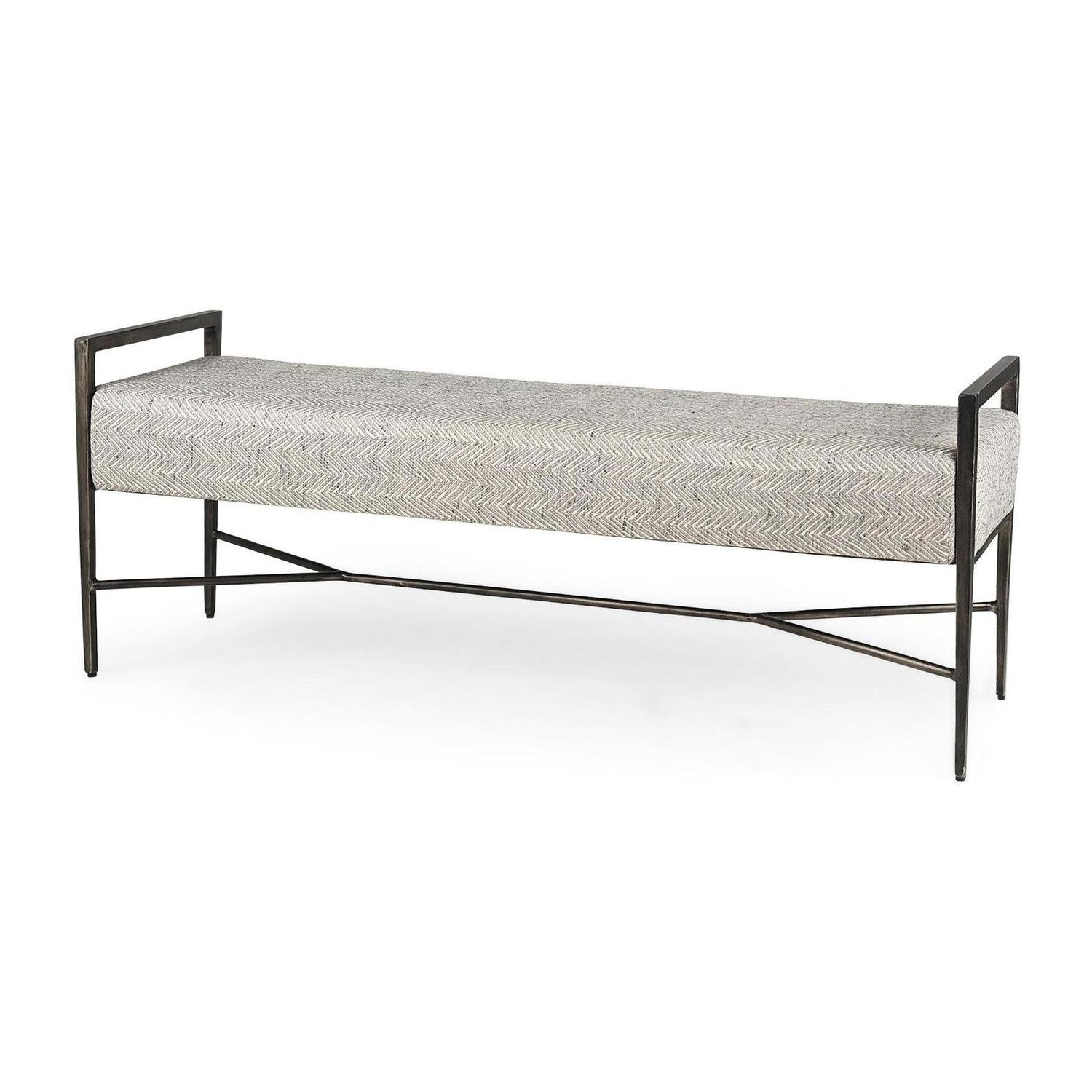 Mercana Charlotte 55.0L Gray Herringbone Fabric Seat w/ Antique Nickel Metal Frame Bench