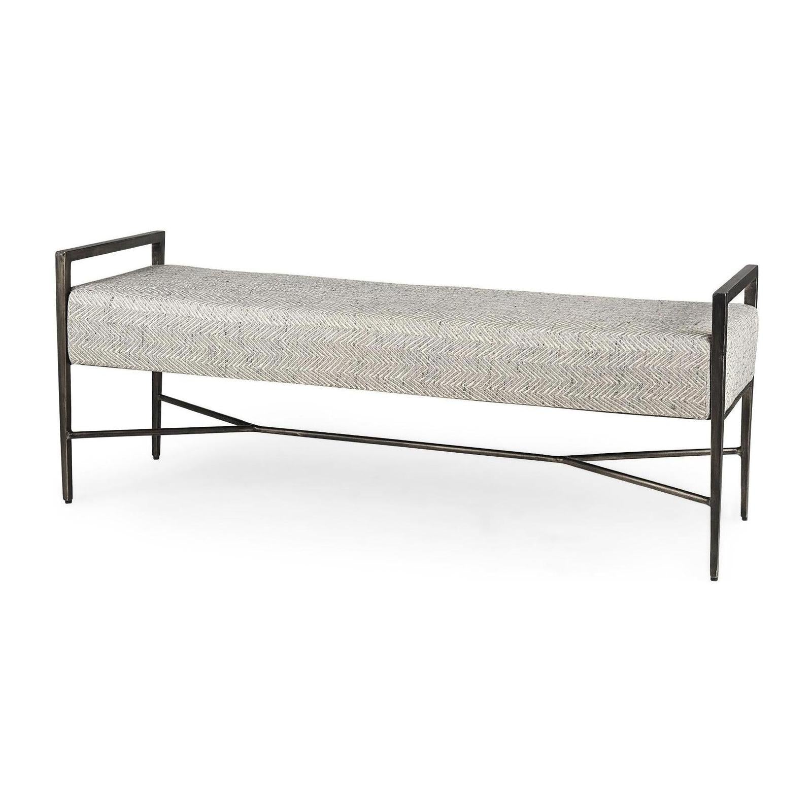 Mercana Charlotte 55.0L Gray Herringbone Fabric Seat w/ Antique Nickel Metal Frame Bench