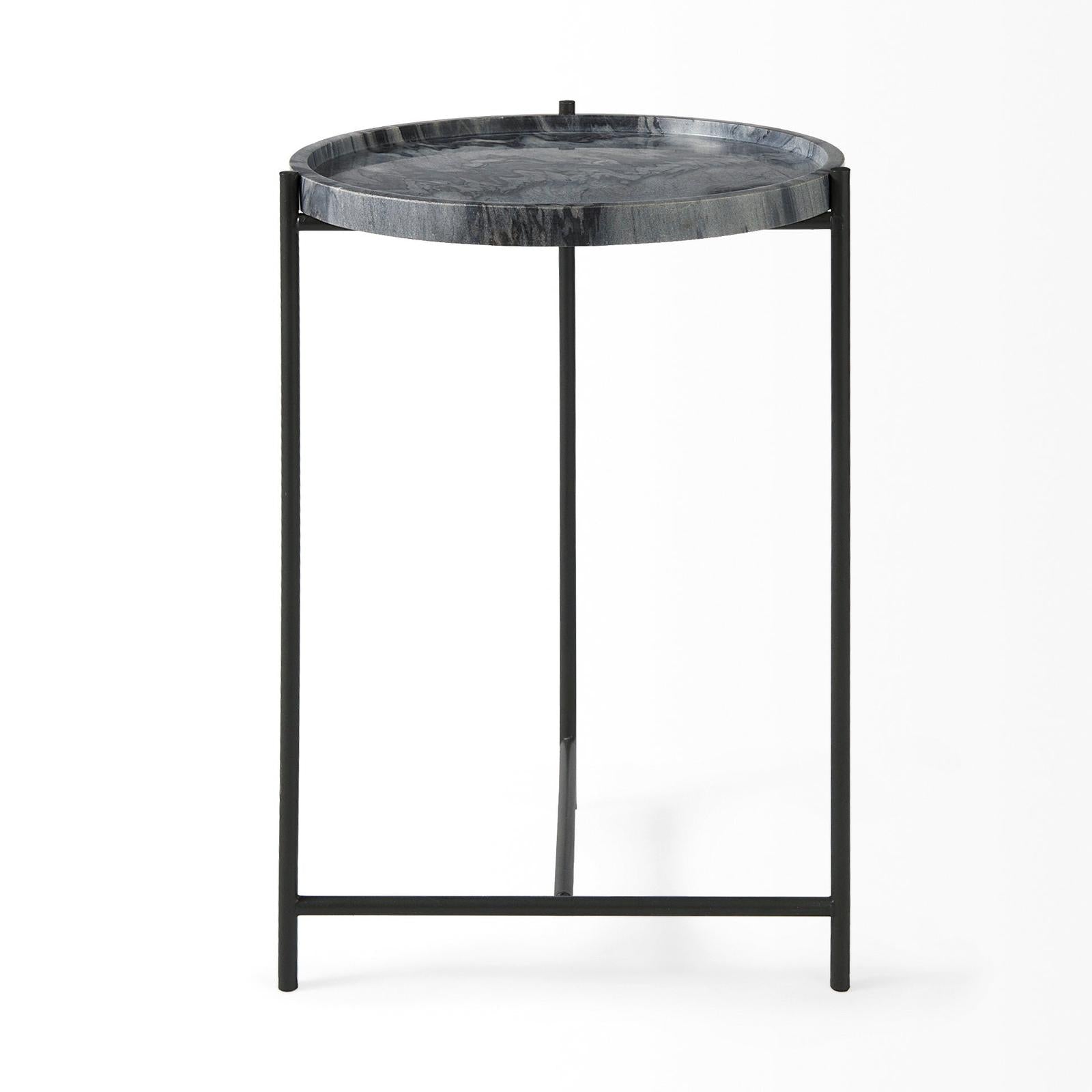 Mercana Stella Gray Round Marble Top W/Black Base Accent Table