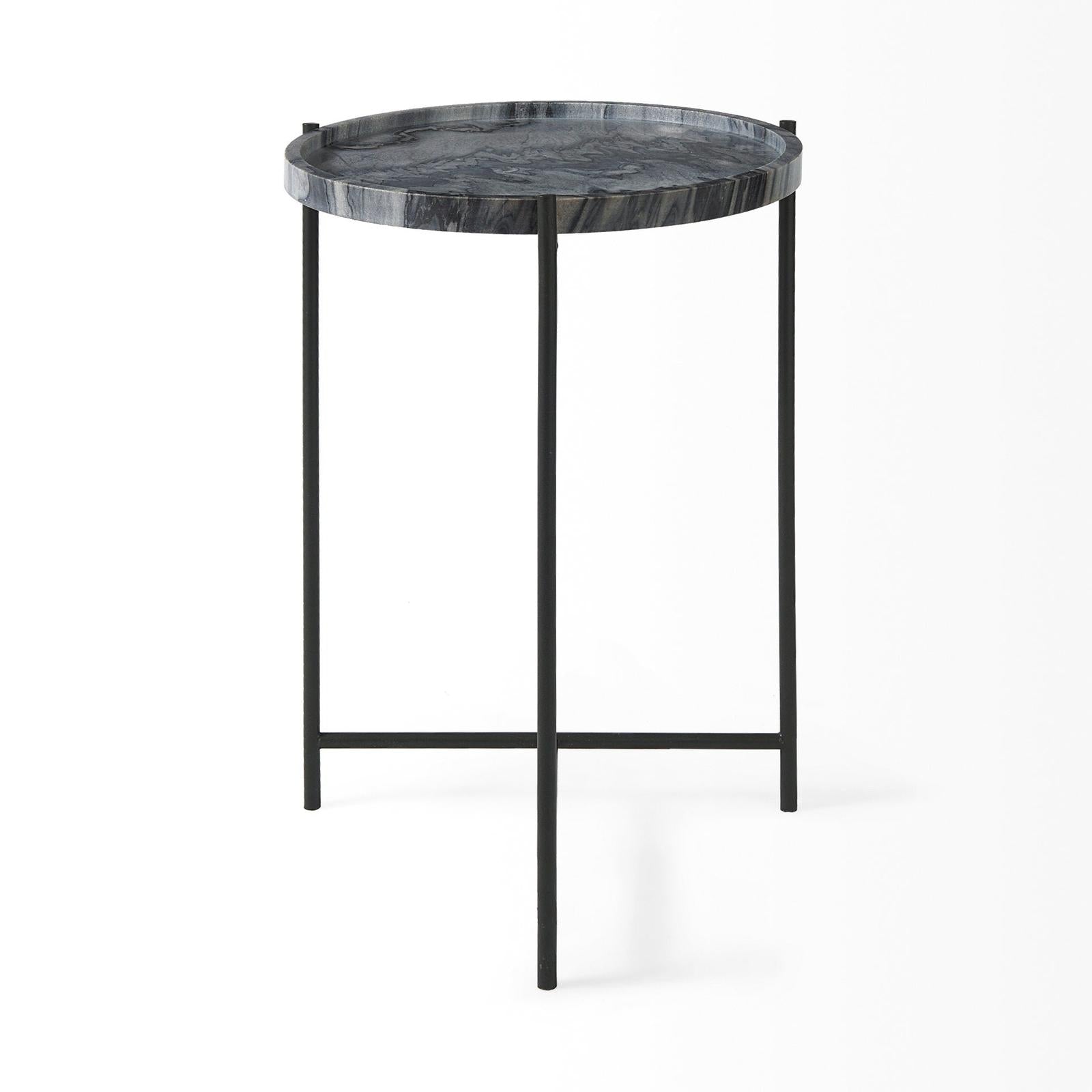 Mercana Stella Gray Round Marble Top W/Black Base Accent Table