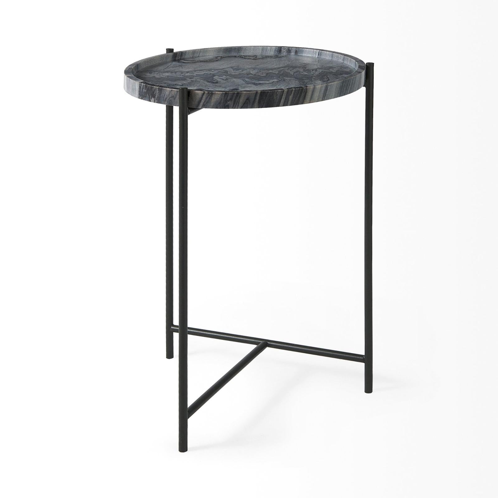 Mercana Stella Gray Round Marble Top W/Black Base Accent Table