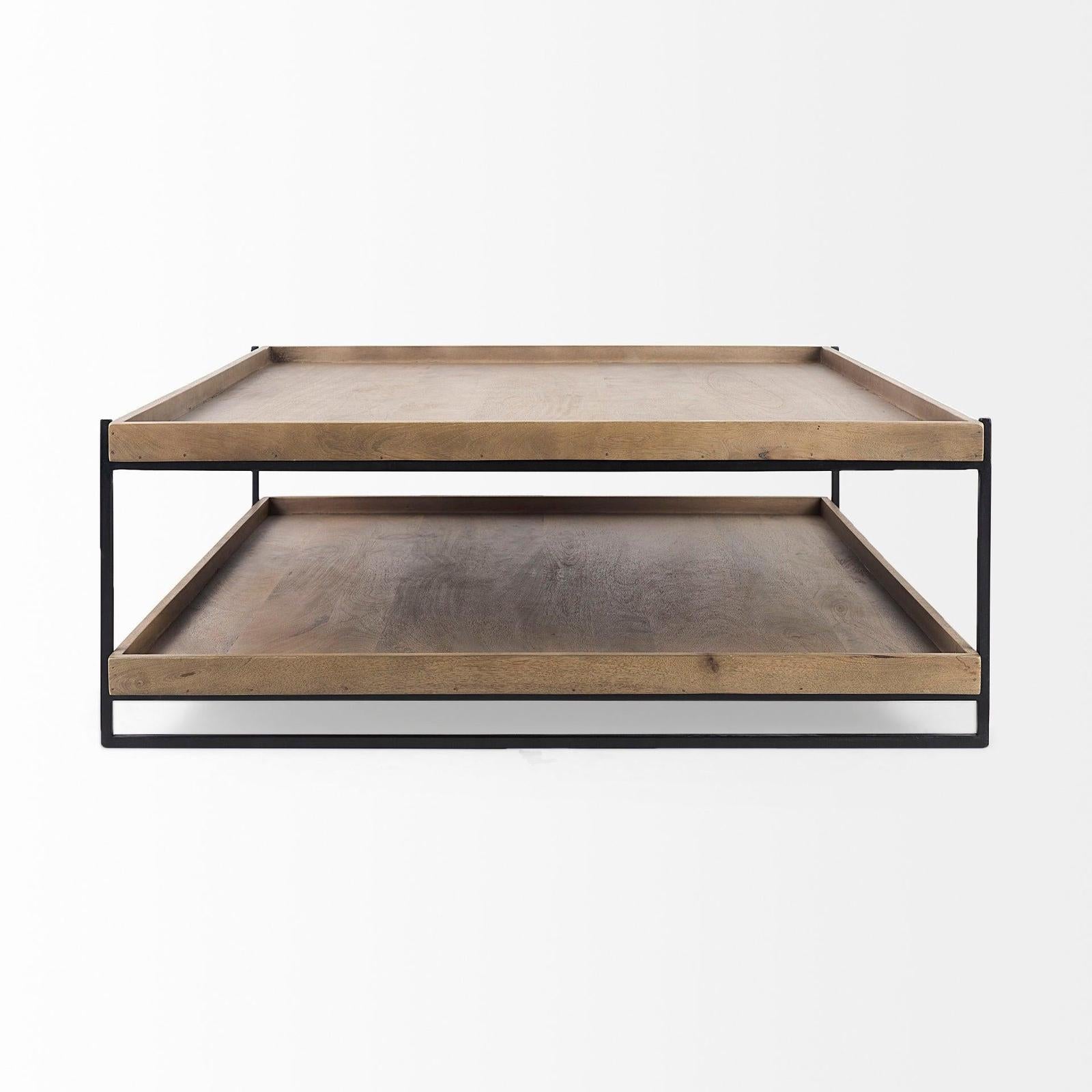 Mercana Trey Rectangular Brown Solid Wood Top Table Black Metal Frame Two-Tier Coffee Table