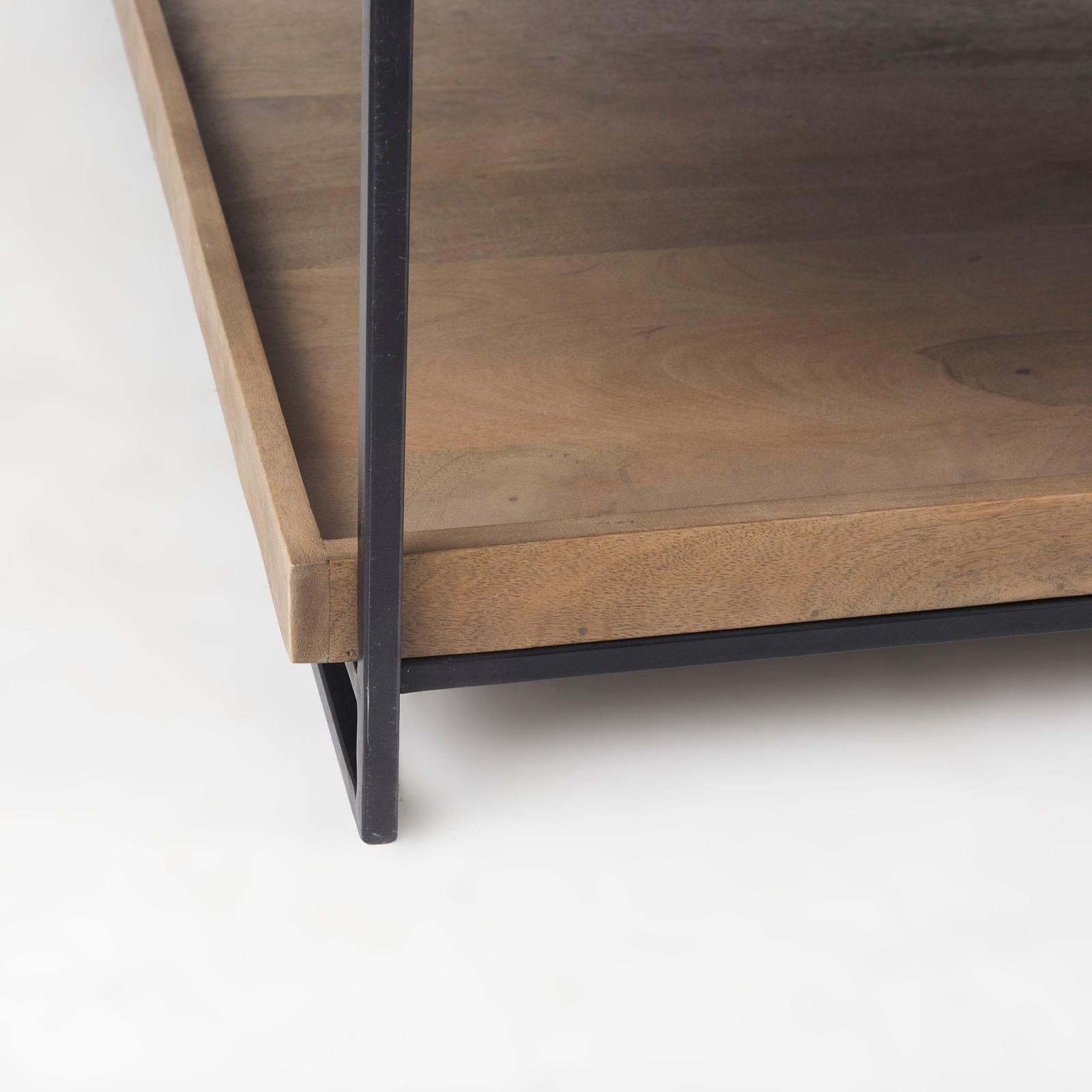 Mercana Trey Rectangular Brown Solid Wood Top Table Black Metal Frame Two-Tier Coffee Table