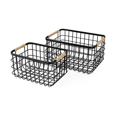 Mercana Marius Matte Black Metal W/ Rope Trim Rectangular Baskets - Set of 2 Clearance