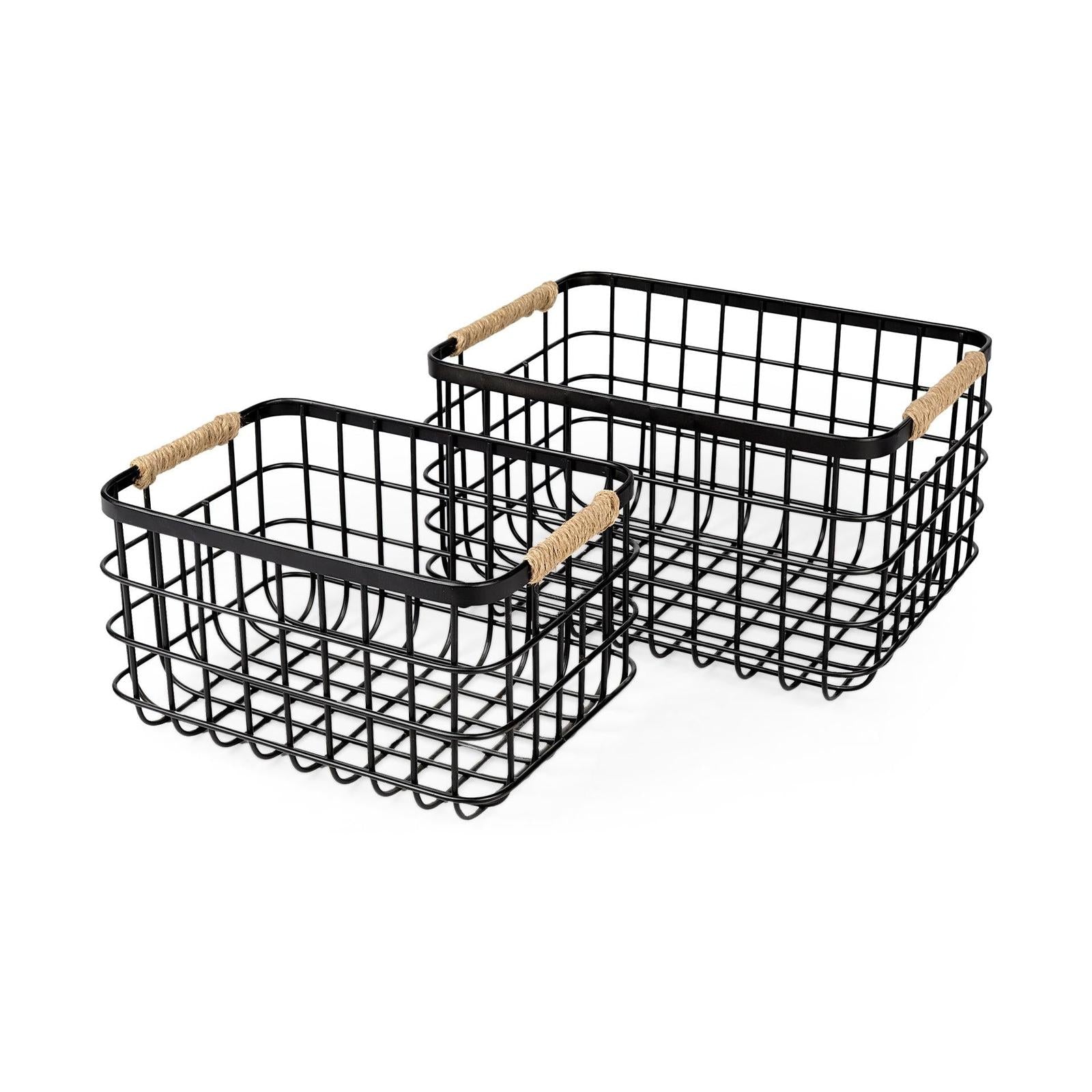 Mercana Marius Matte Black Metal W/ Rope Trim Rectangular Baskets - Set of 2 Clearance