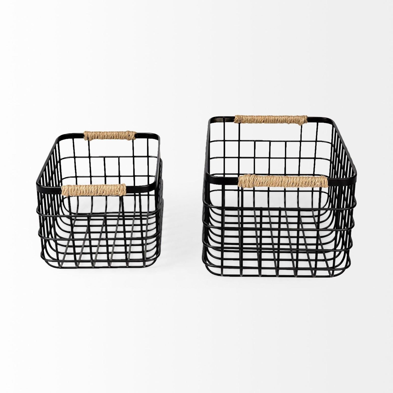 Mercana Marius Matte Black Metal W/ Rope Trim Rectangular Baskets - Set of 2 Clearance