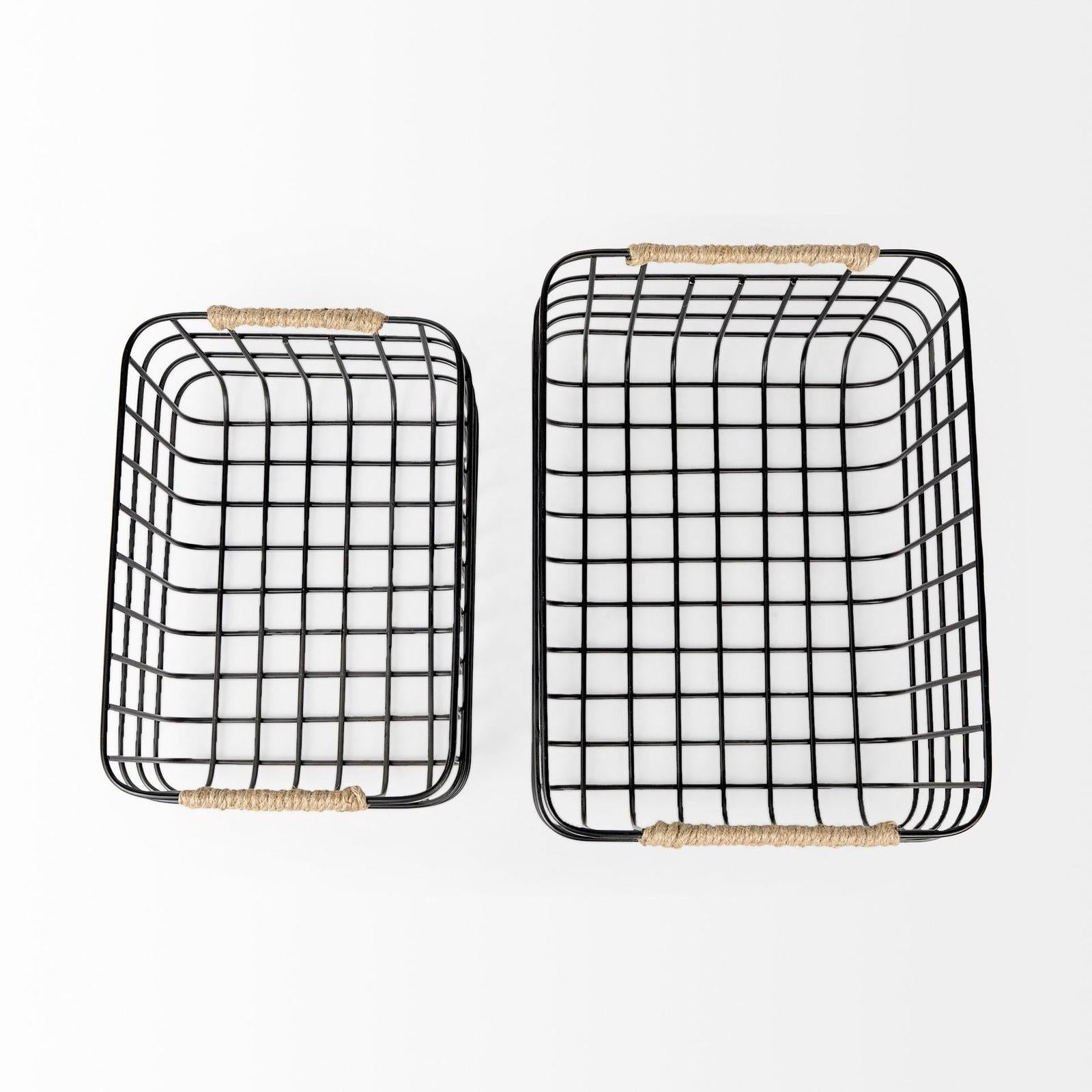 Mercana Marius Matte Black Metal W/ Rope Trim Rectangular Baskets - Set of 2 Clearance