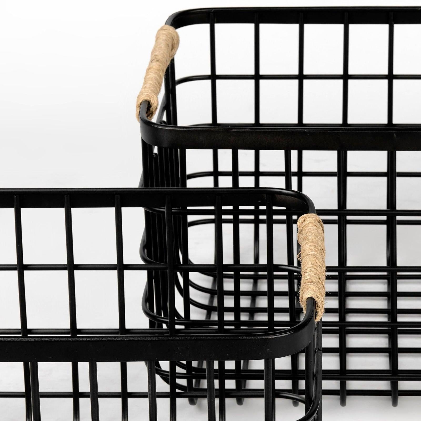 Mercana Marius Matte Black Metal W/ Rope Trim Rectangular Baskets - Set of 2 Clearance