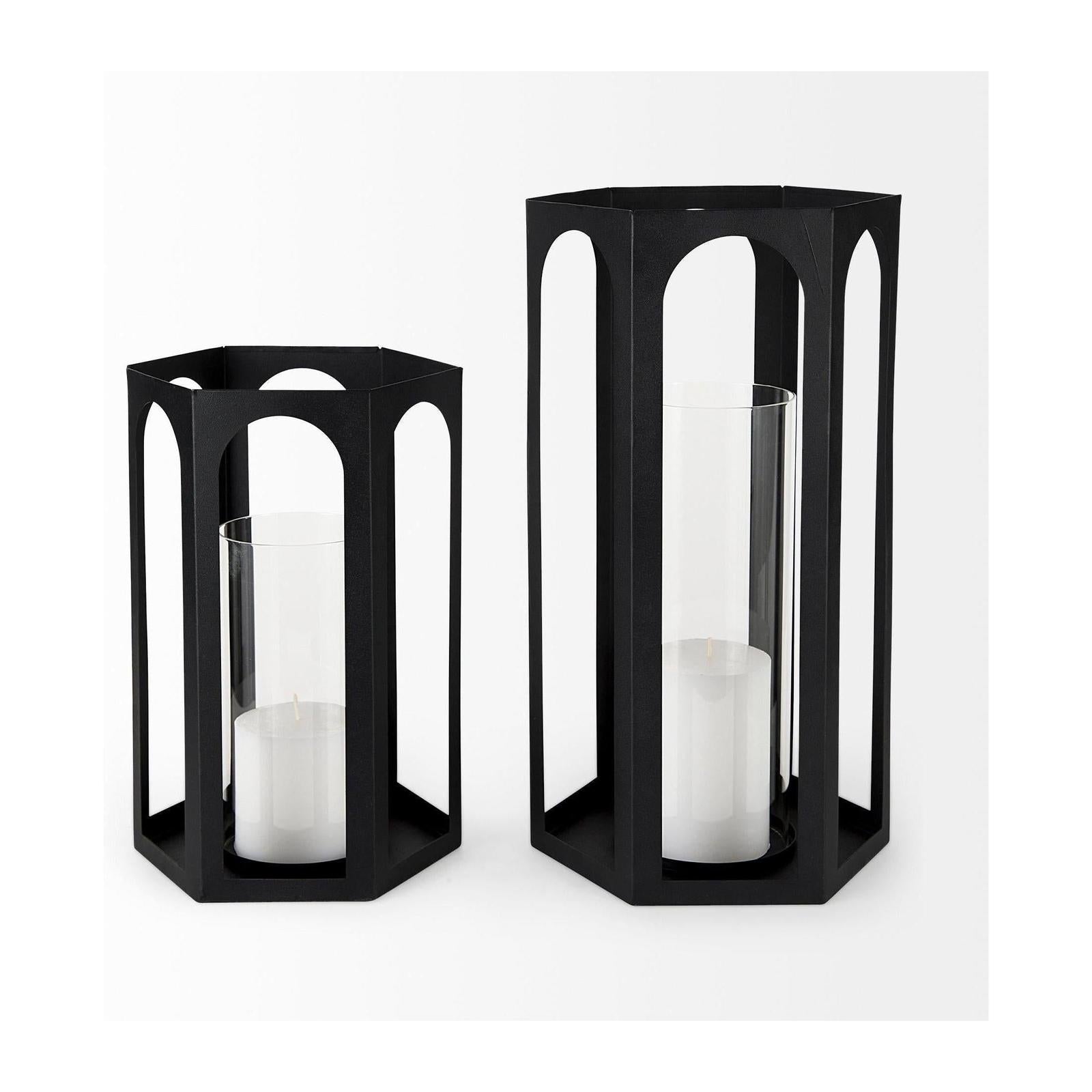 Mercana Balley Matte Black Metal Hexagonal Candle Holder Lanterns - Set of 2