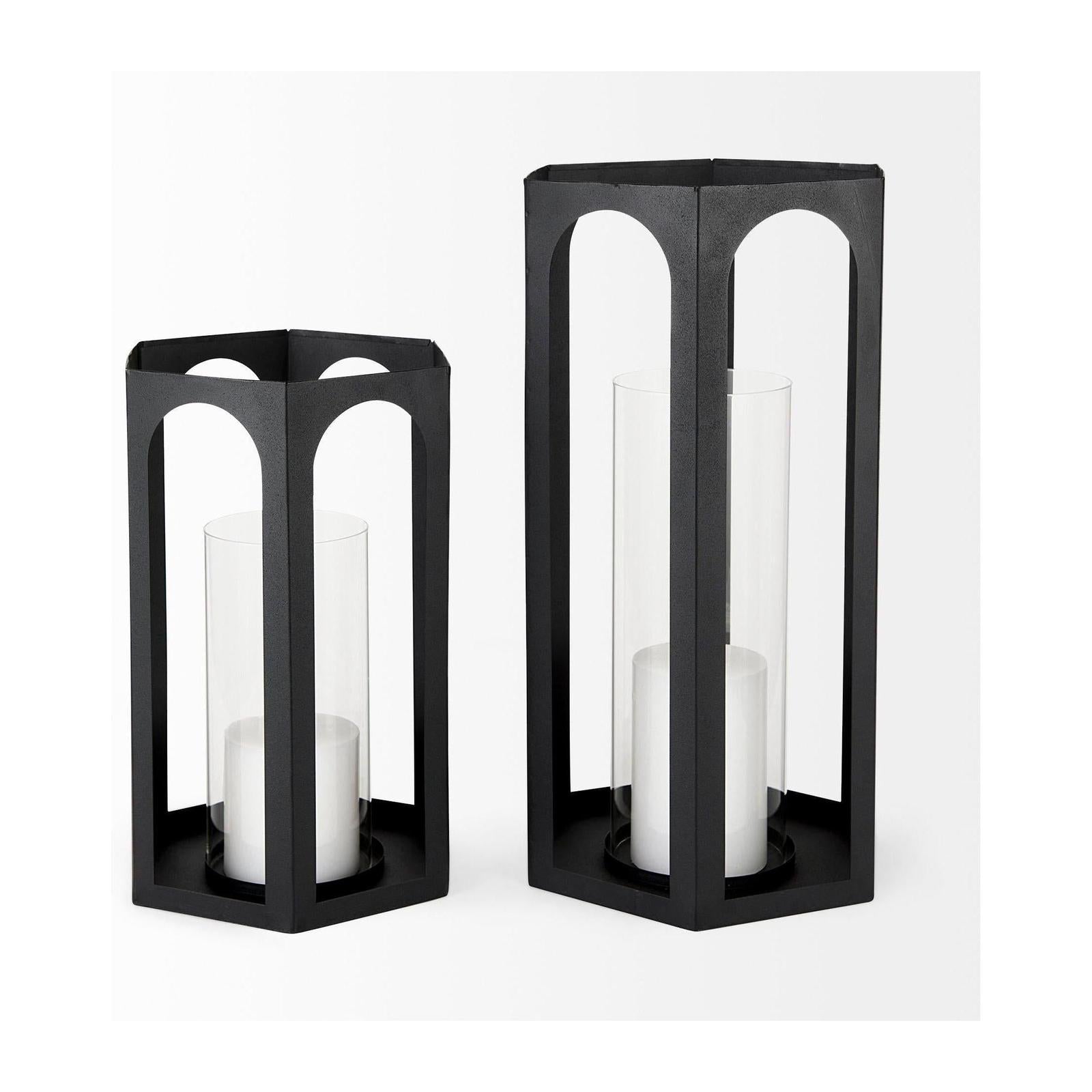 Mercana Balley Matte Black Metal Hexagonal Candle Holder Lanterns - Set of 2