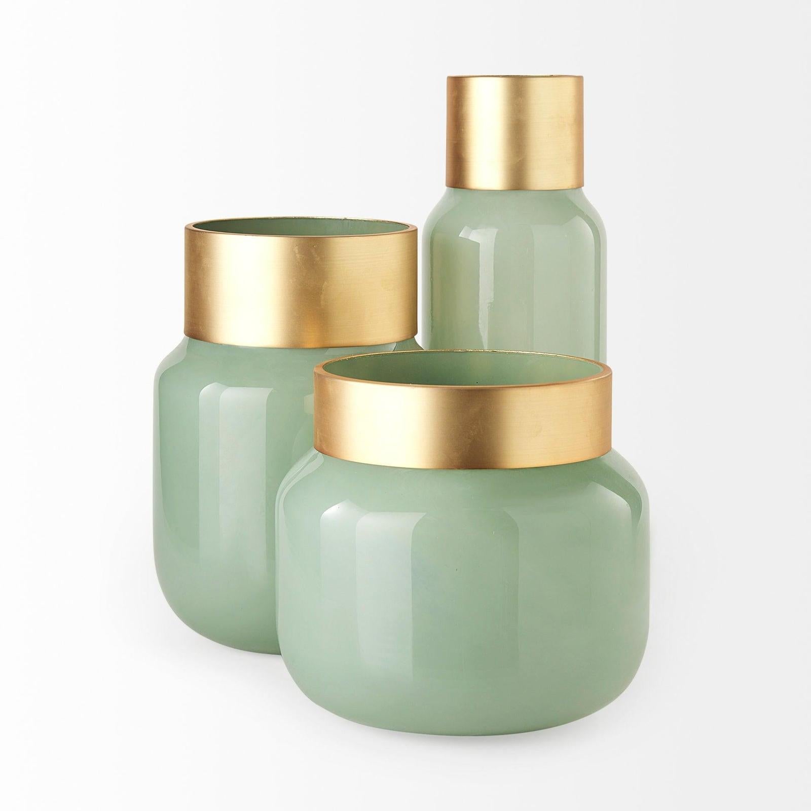 Mercana Minty Green Glass Vase W/Matte Gold Metal Neck Cuff Clearance