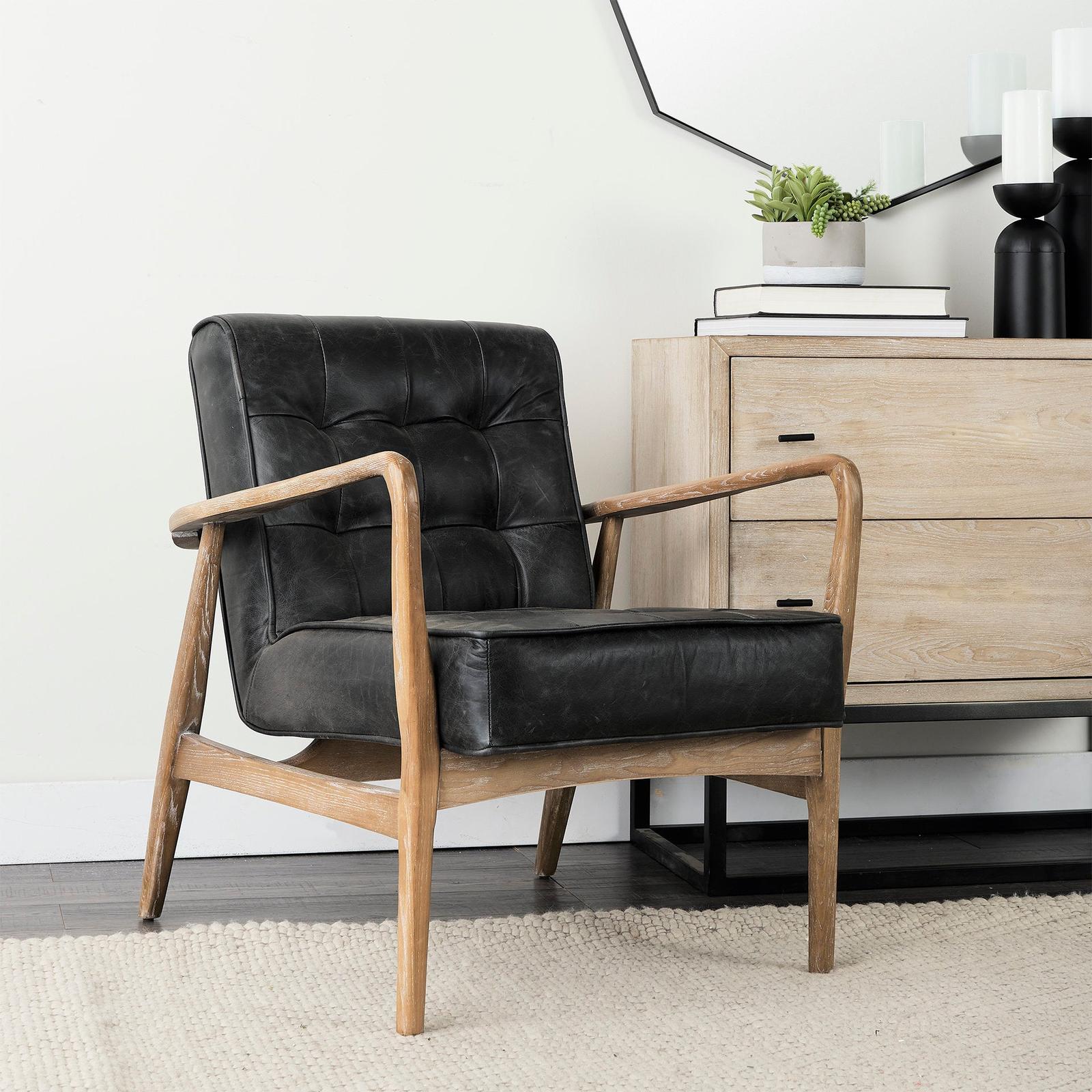 Mercana Phineas Black Leather W/ Brown Wooden Frame Accent Chair
