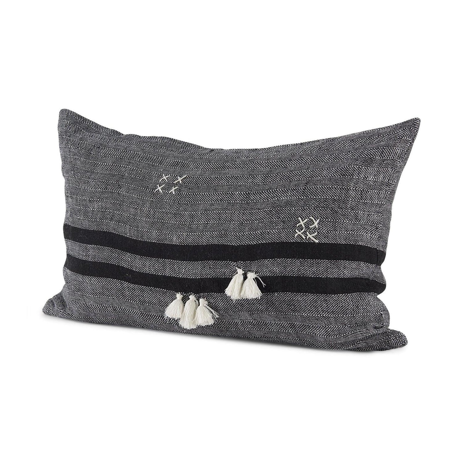Mercana Sibyl Black Fabric Striped and White Fringed Decorative Pillow Cover