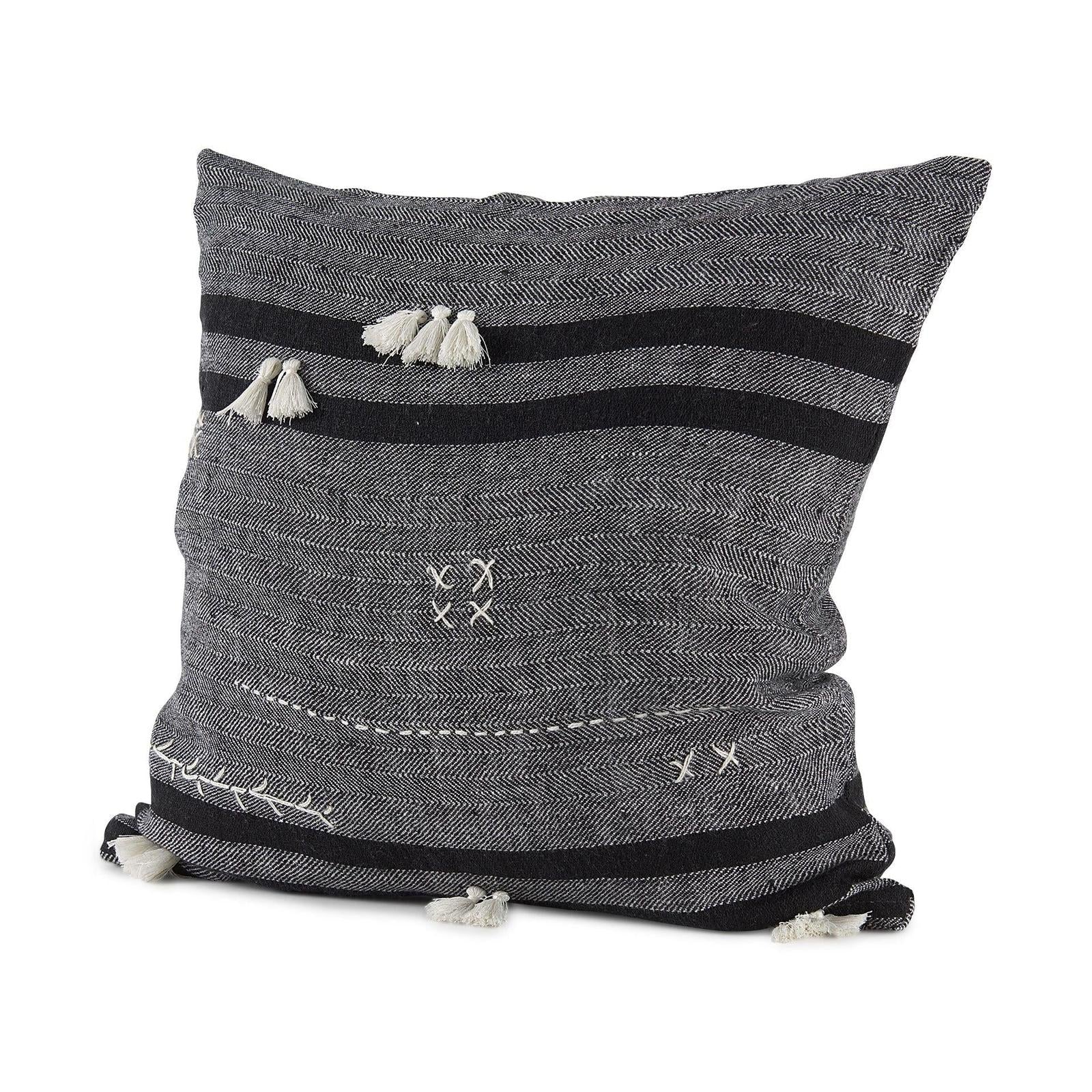 Mercana Sibyl Black Fabric Striped and White Fringed Decorative Pillow Cover