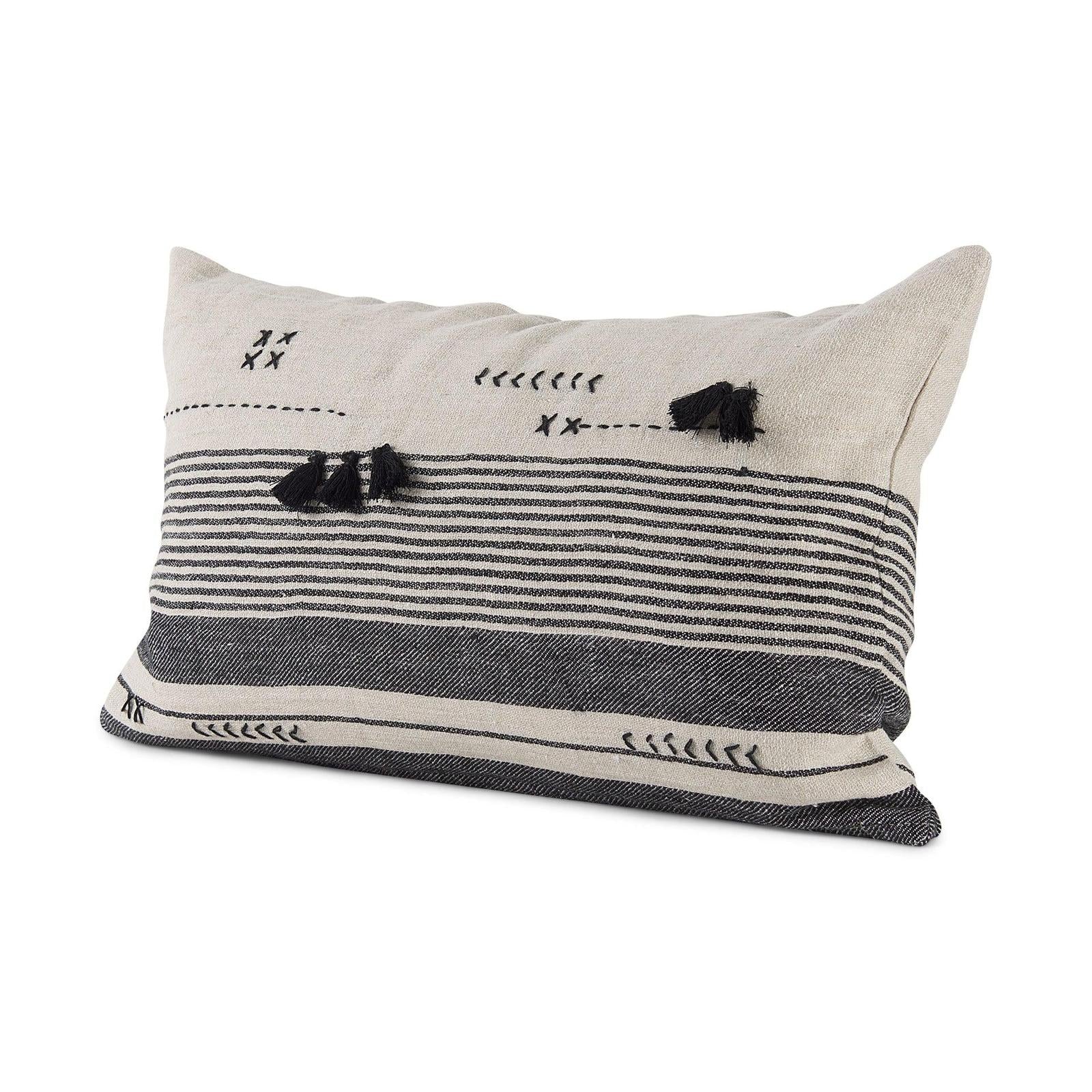 Mercana Thalia Black and Beige Fabric Striped and Fringed Decorative Pillow Cover Clearance