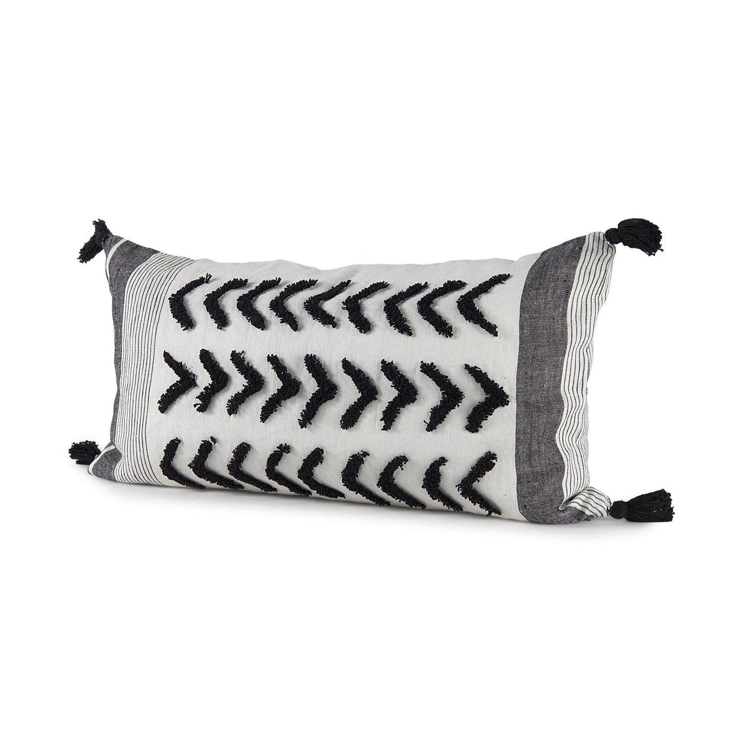 Mercana Kimia White and Black Fabric Herringbone and Fringed Decorative Pillow Cover Clearance