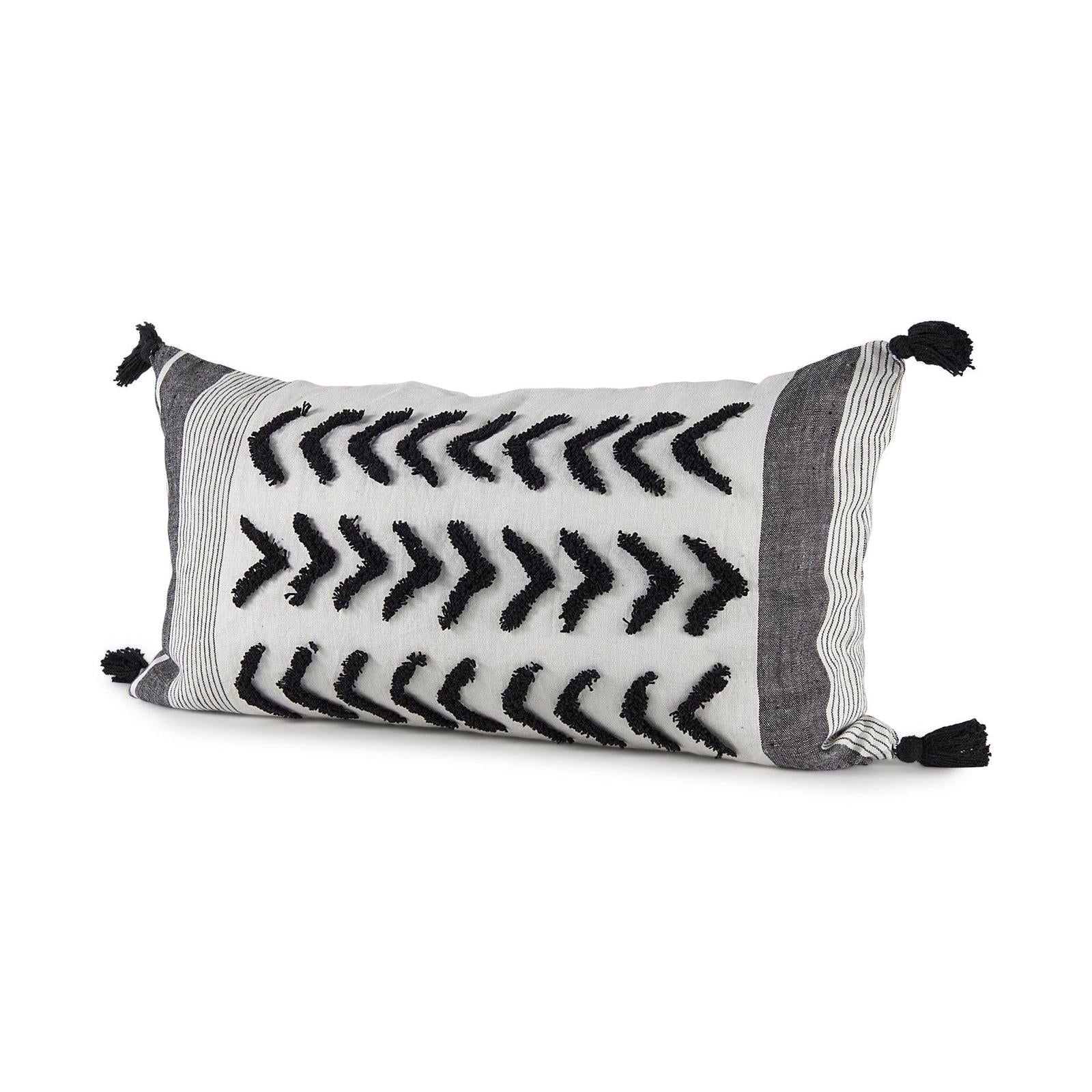 Mercana Kimia White and Black Fabric Herringbone and Fringed Decorative Pillow Cover Clearance
