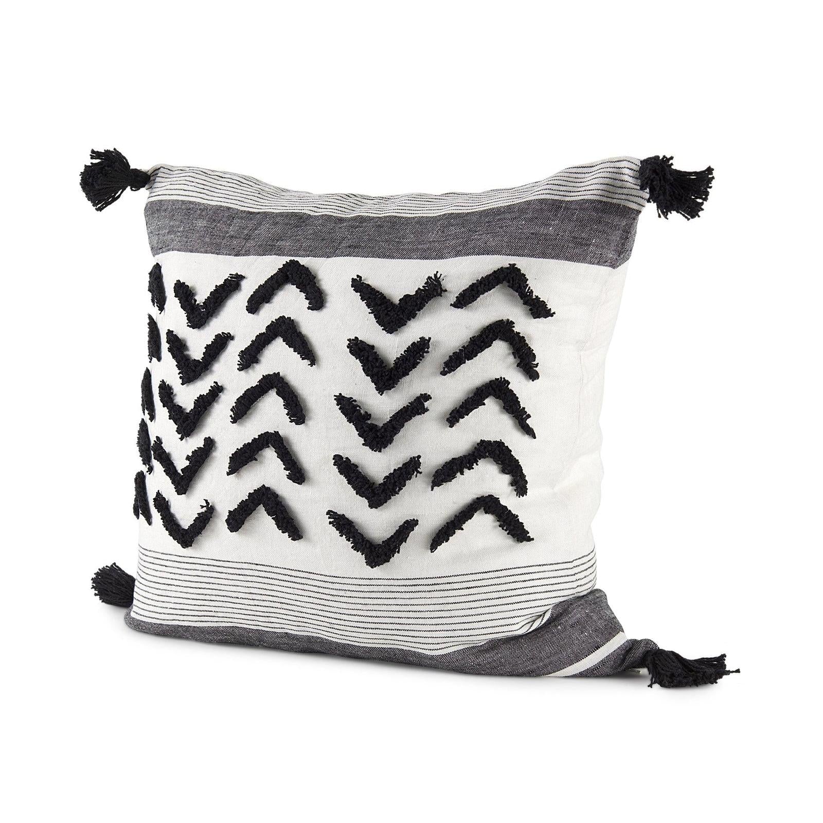 Mercana Kimia White and Black Fabric Herringbone and Fringed Decorative Pillow Cover Clearance