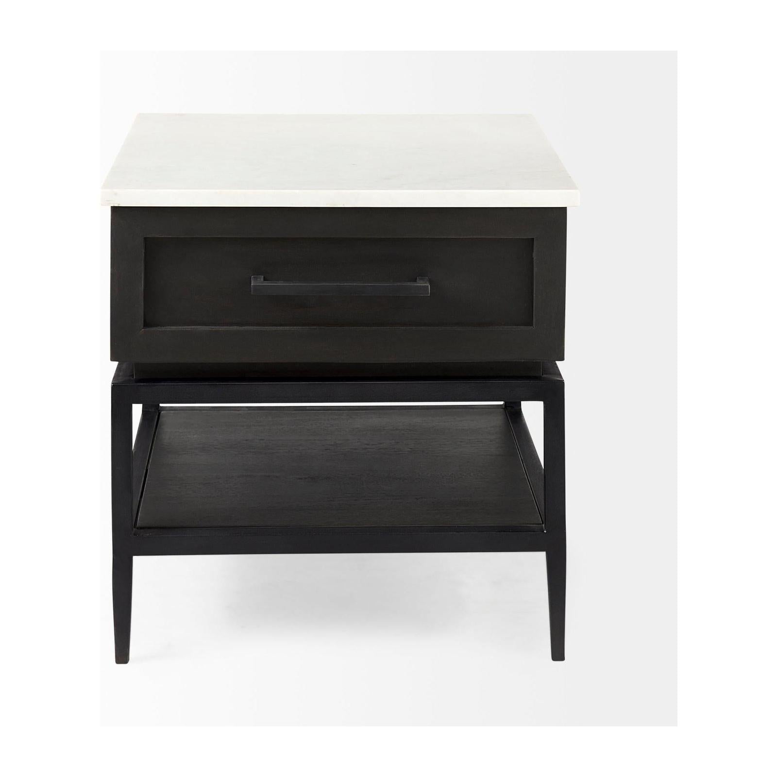 Mercana Divina Black-Brown Wood w/ White Marble Top and Black Metal Base 1 Drawer Side Table