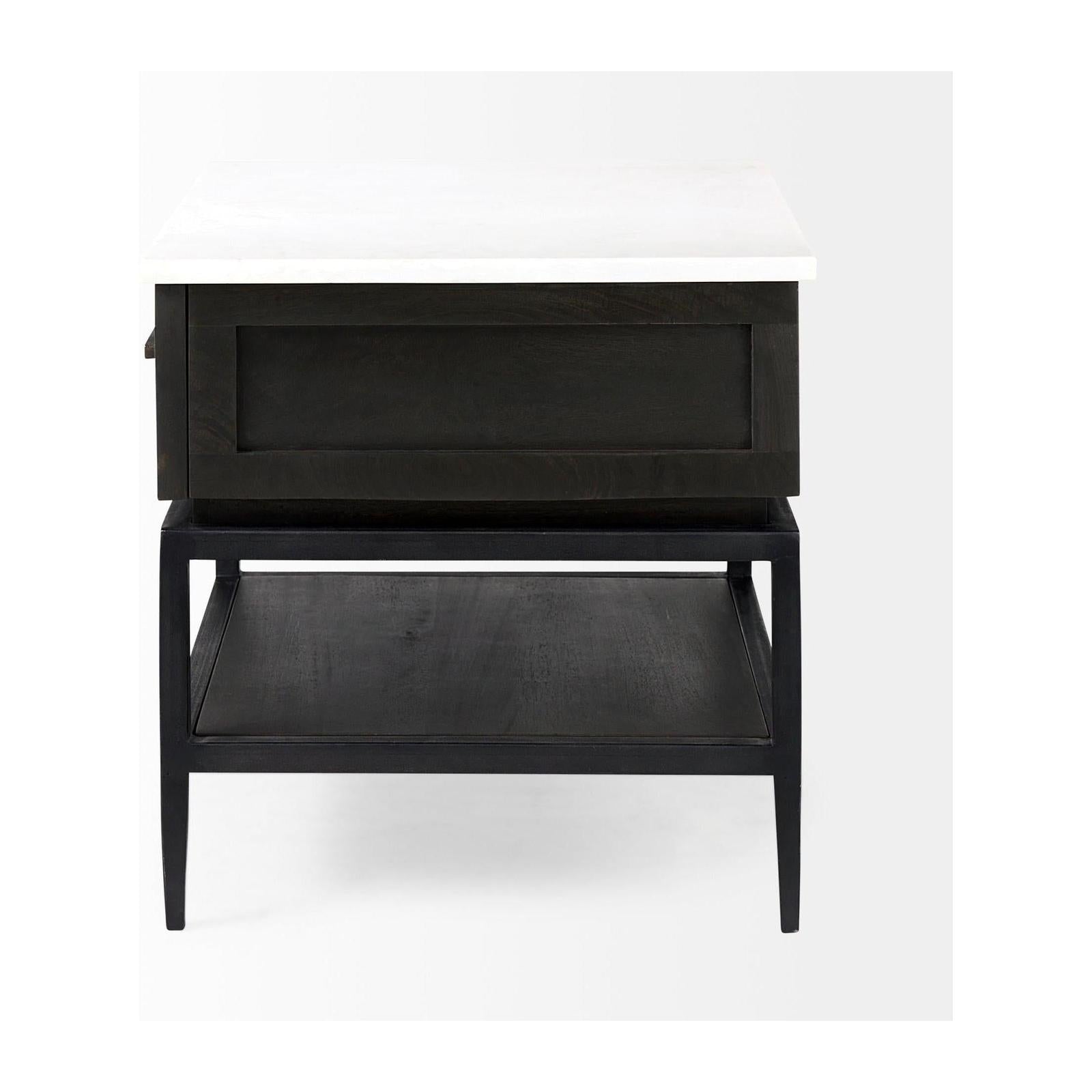 Mercana Divina Black-Brown Wood w/ White Marble Top and Black Metal Base 1 Drawer Side Table