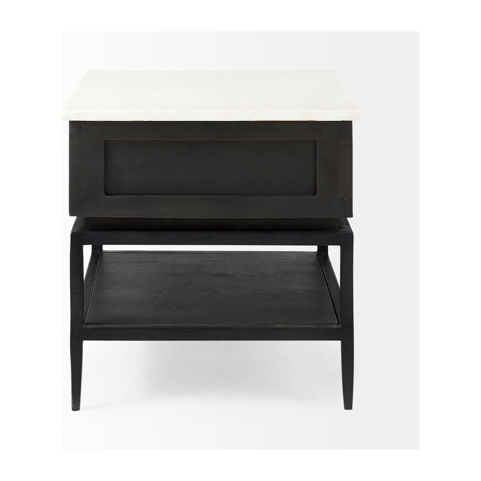Mercana Divina Black-Brown Wood w/ White Marble Top and Black Metal Base 1 Drawer Side Table