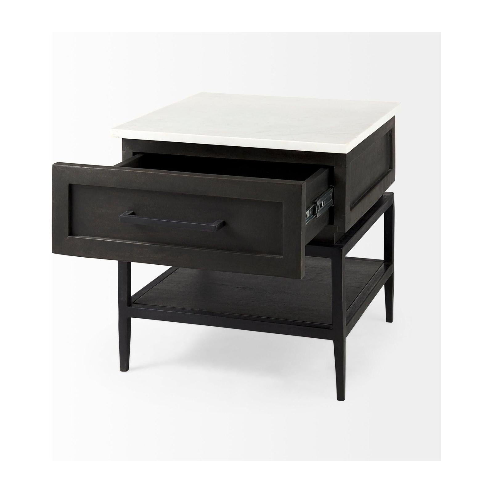 Mercana Divina Black-Brown Wood w/ White Marble Top and Black Metal Base 1 Drawer Side Table