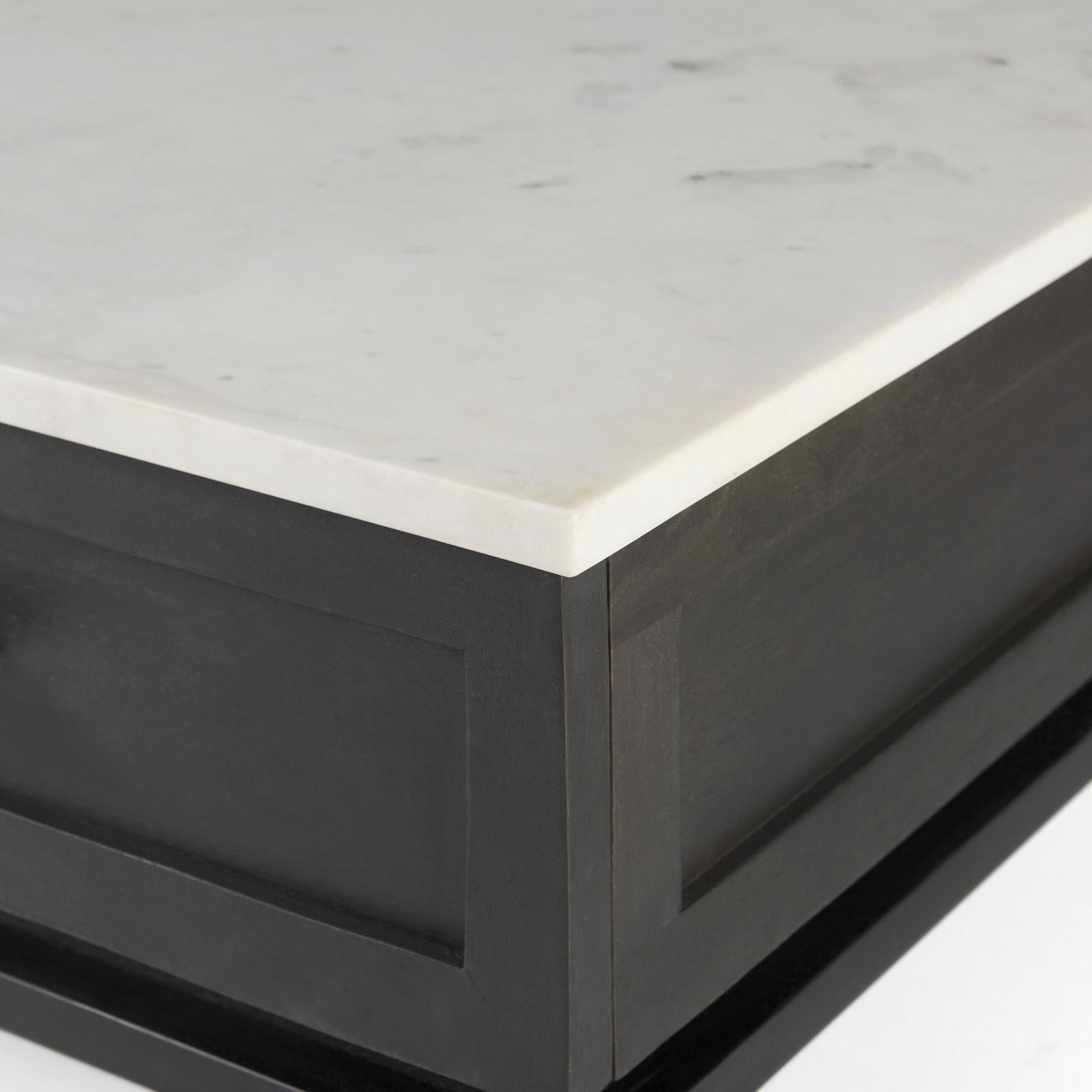 Mercana Divina Black-Brown Wood w/ White Marble Top and Black Metal Base 1 Drawer Side Table