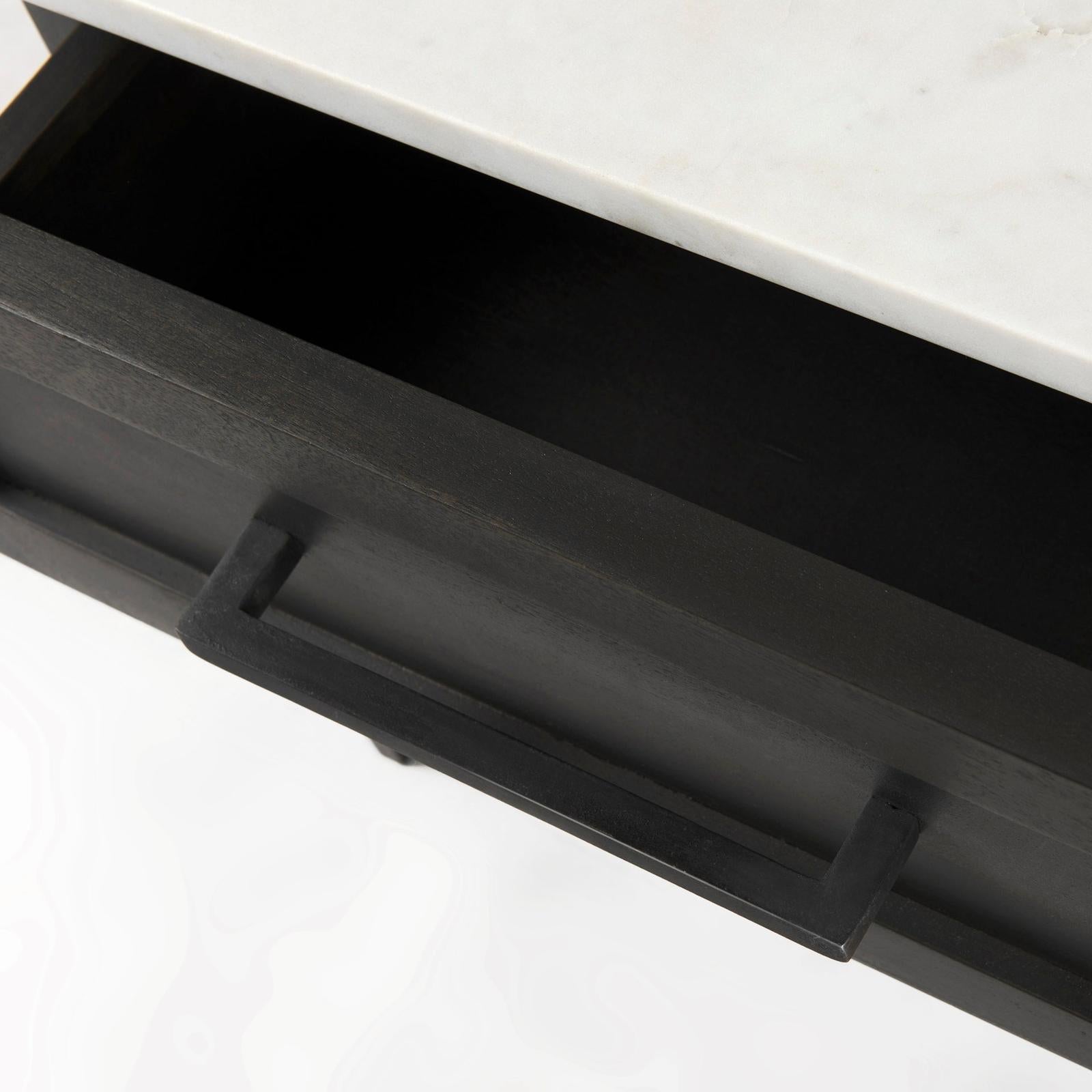 Mercana Divina Black-Brown Wood w/ White Marble Top and Black Metal Base 1 Drawer Side Table