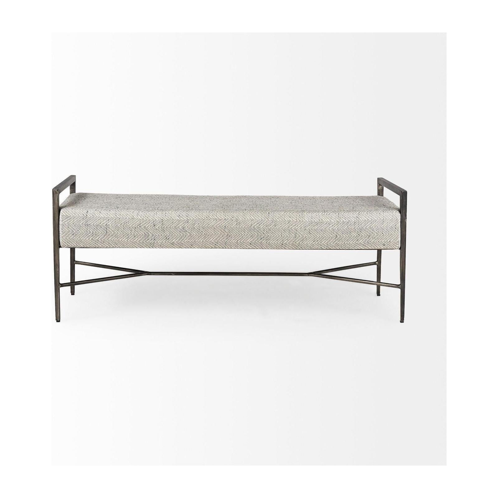 Mercana Charlotte 55.0L Gray Herringbone Fabric Seat w/ Antique Nickel Metal Frame Bench