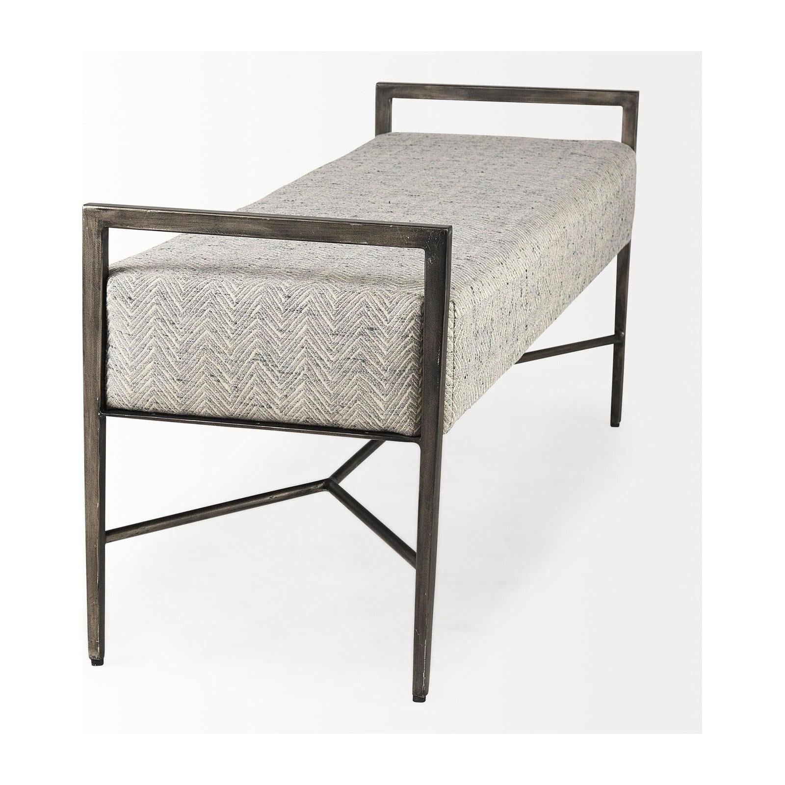 Mercana Charlotte 55.0L Gray Herringbone Fabric Seat w/ Antique Nickel Metal Frame Bench