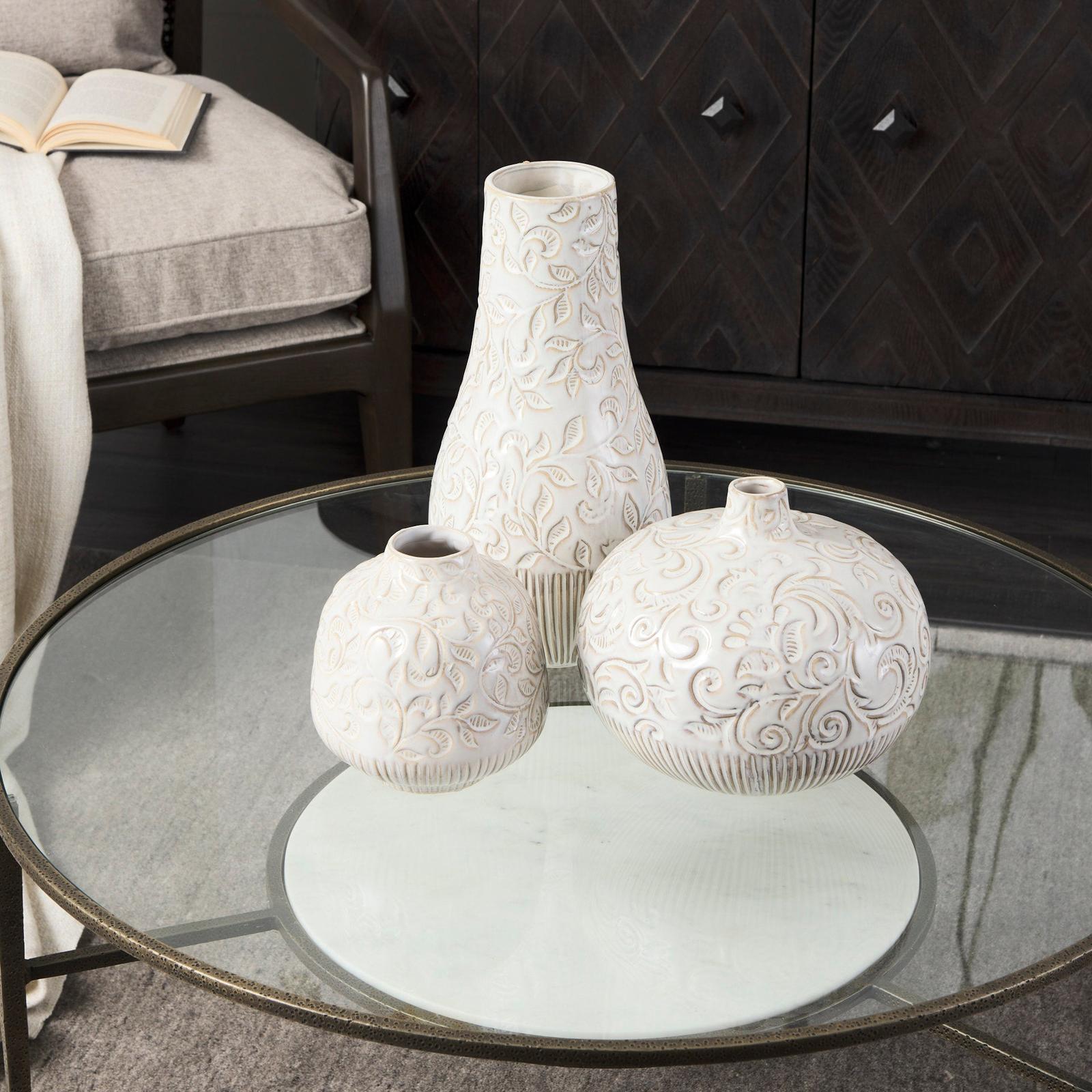 Mercana Jadiza Medium White Glaze Floral Pattern Vase