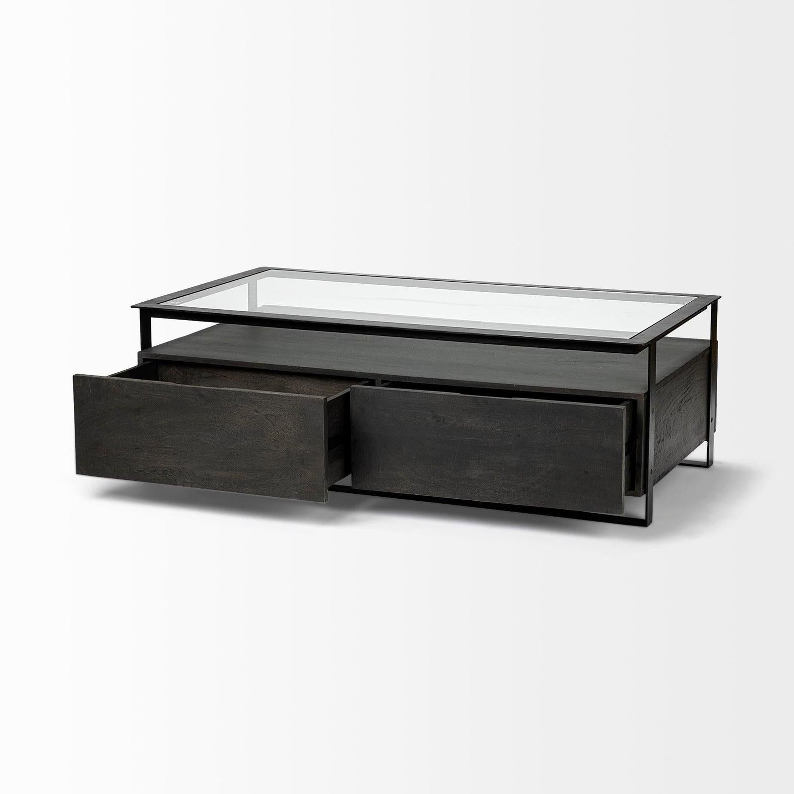 Mercana Vidro Rectangular Glass Top Black Solid Wood Drawers & Black Frame Coffee Table Clearance