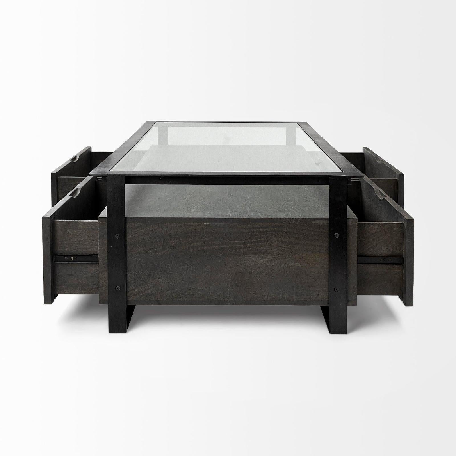 Mercana Vidro Rectangular Glass Top Black Solid Wood Drawers & Black Frame Coffee Table Clearance
