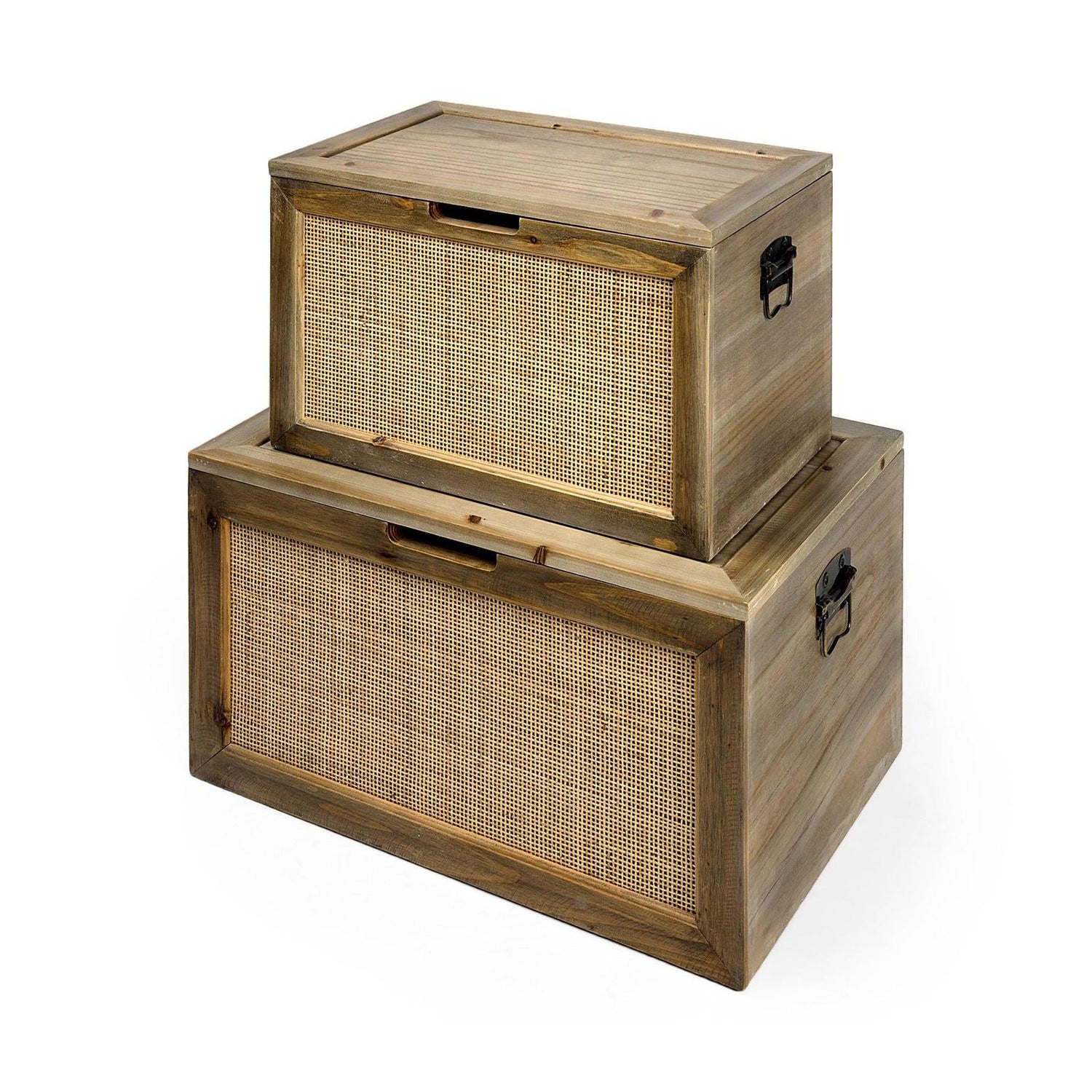 Mercana Sonny Brown Wood and Wicker W/ Metal Detail Rectangular Boxes- Set of 2 Clearance