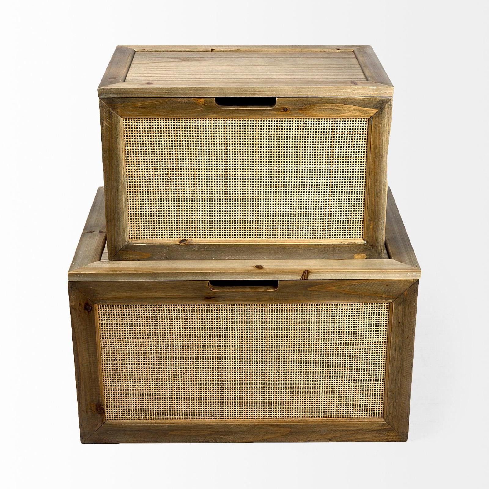 Mercana Sonny Brown Wood and Wicker W/ Metal Detail Rectangular Boxes- Set of 2 Clearance