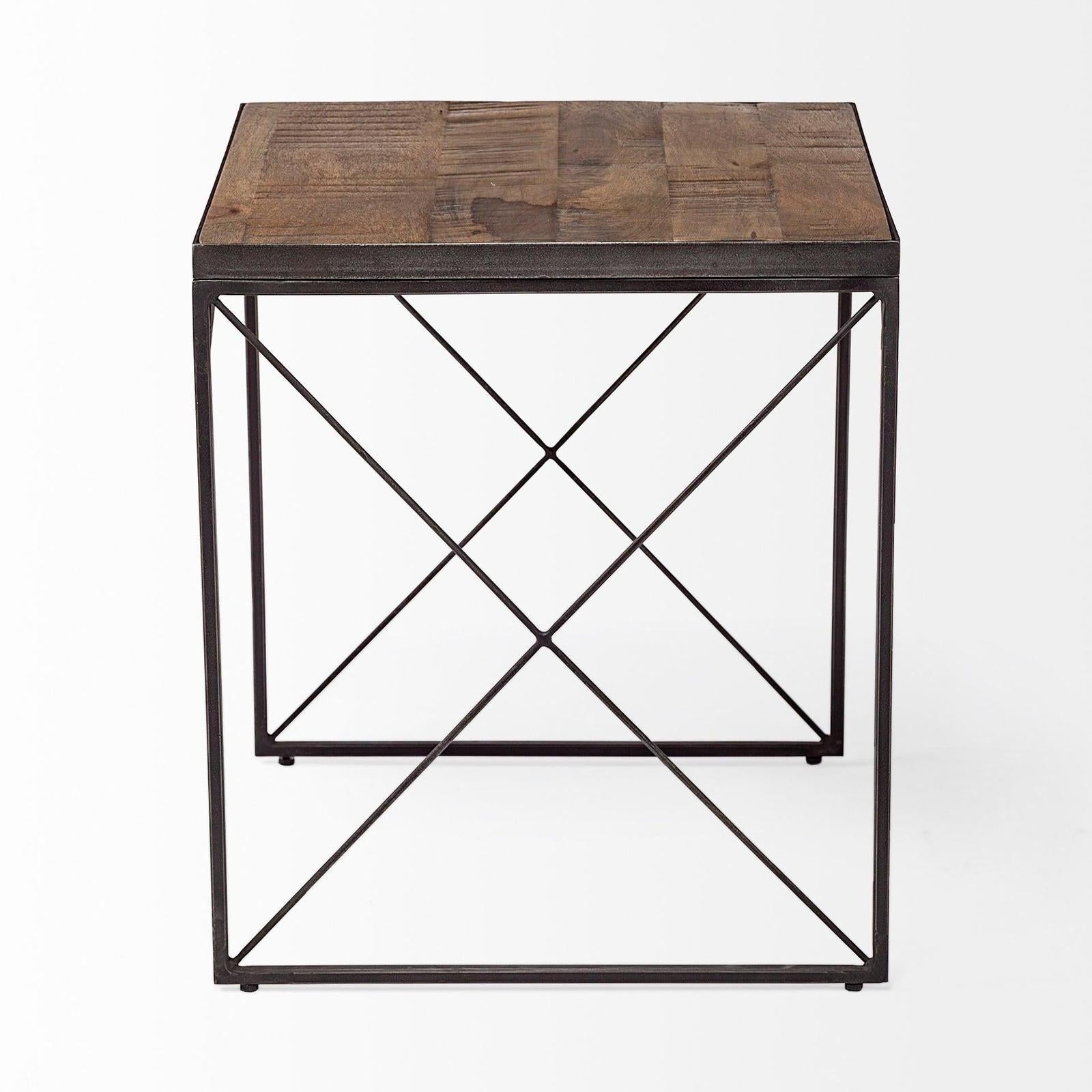 Mercana Trestman Square Top Medium Brown Wood and Iron Cross Braced End/Side Table Clearance