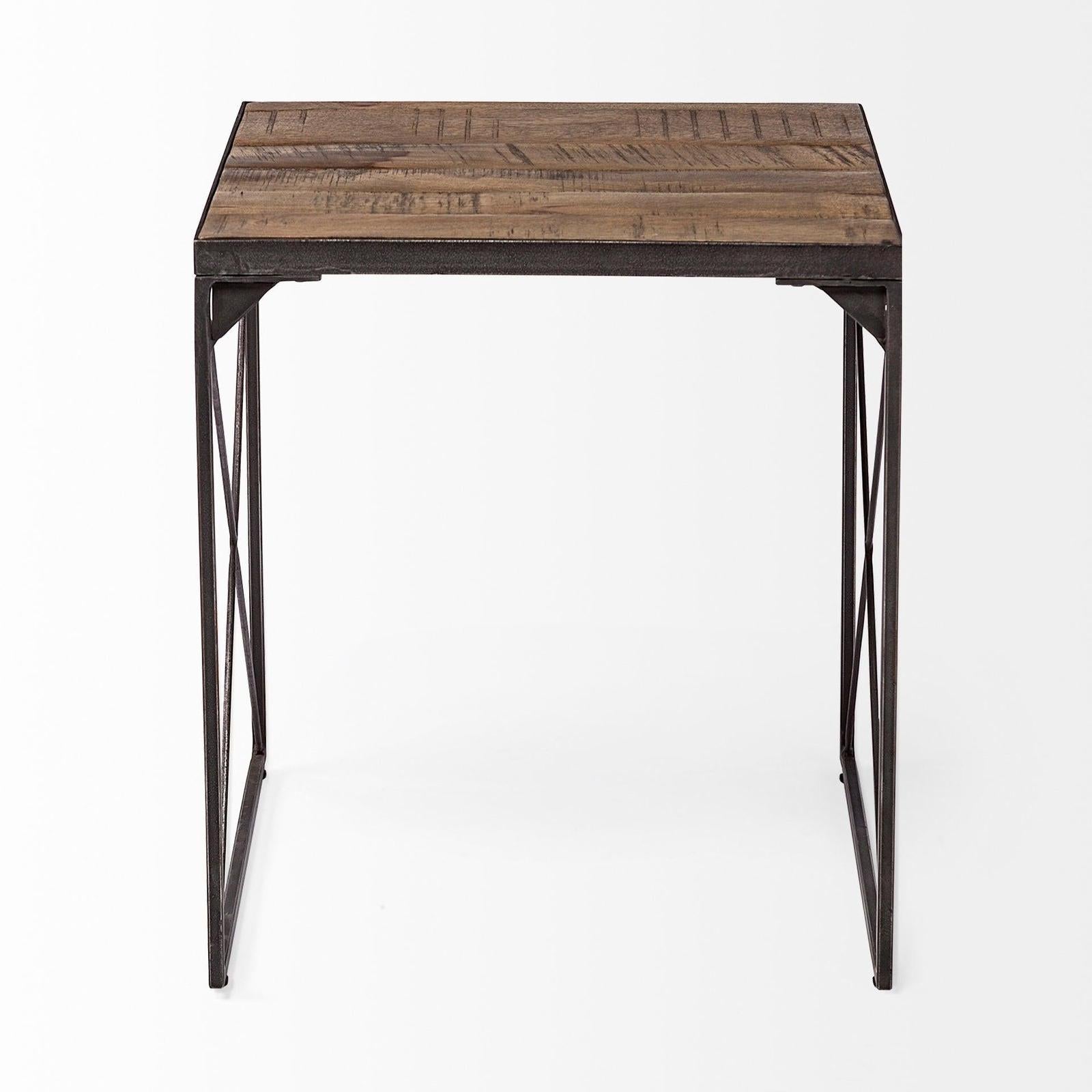 Mercana Trestman Square Top Medium Brown Wood and Iron Cross Braced End/Side Table Clearance