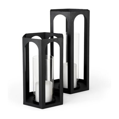 Mercana Balley Matte Black Metal Hexagonal Candle Holder Lanterns - Set of 2