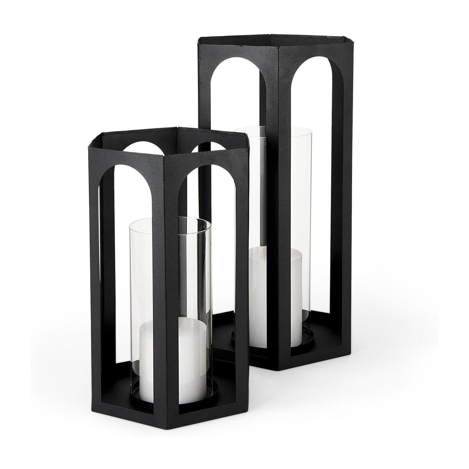 Mercana Balley Matte Black Metal Hexagonal Candle Holder Lanterns - Set of 2