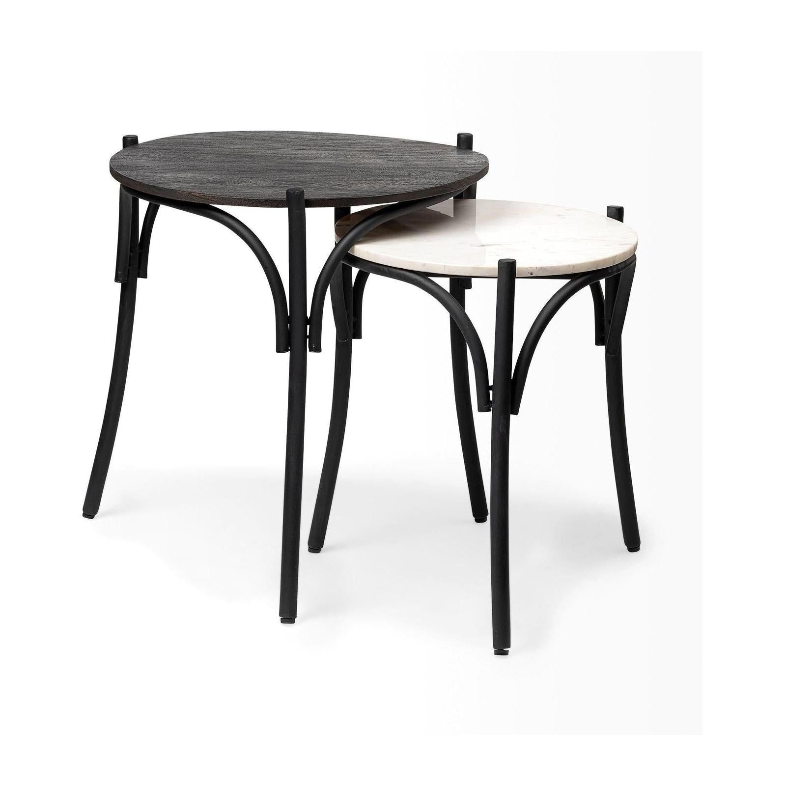 Mercana Etienne Round Top Black Wood and Marble Top Nesting Table - Set of 2 Clearance