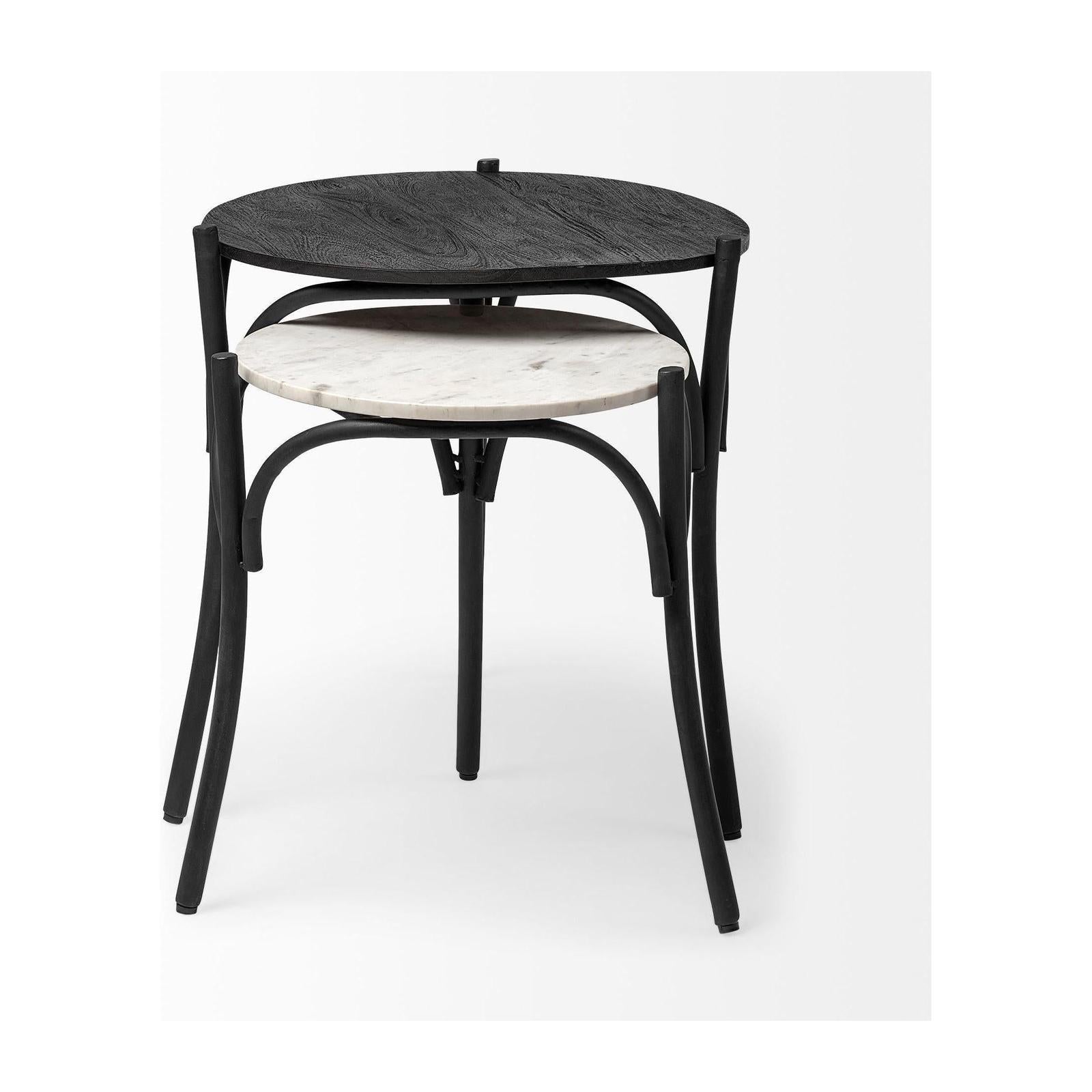 Mercana Etienne Round Top Black Wood and Marble Top Nesting Table - Set of 2 Clearance
