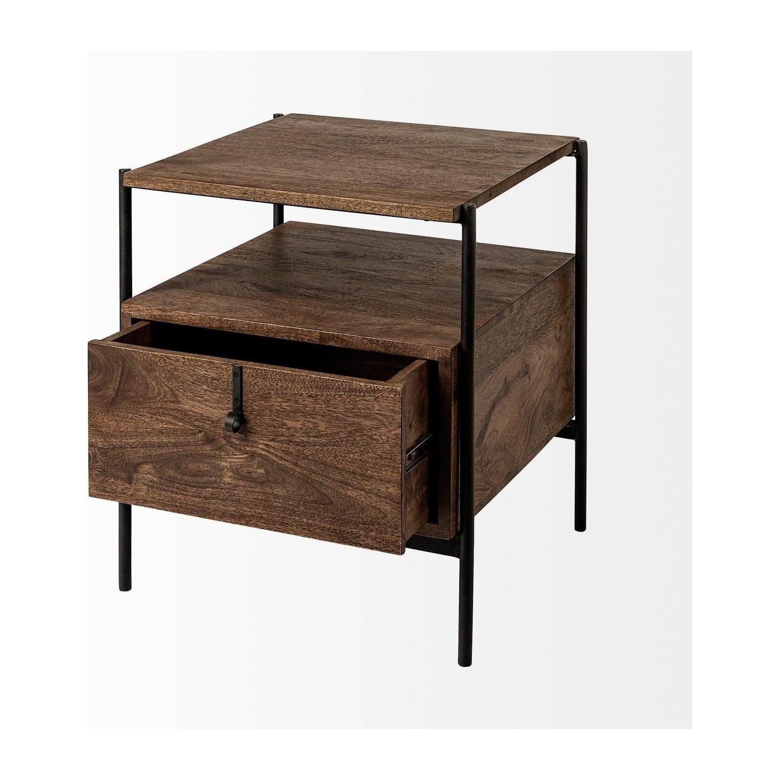 Mercana Glenn Dark Brown Wood w/ Black Iron Frame Square End/Side Table