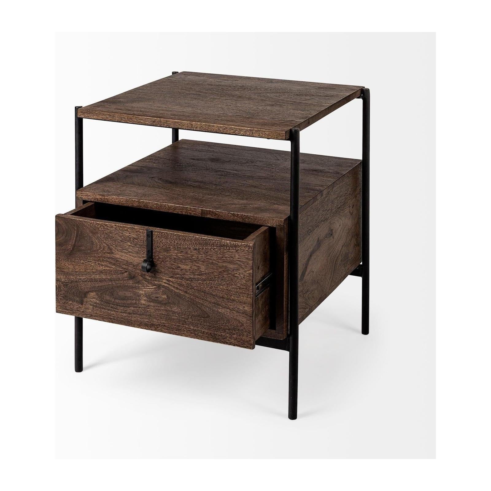Mercana Glenn Dark Brown Wood w/ Black Iron Frame Square End/Side Table