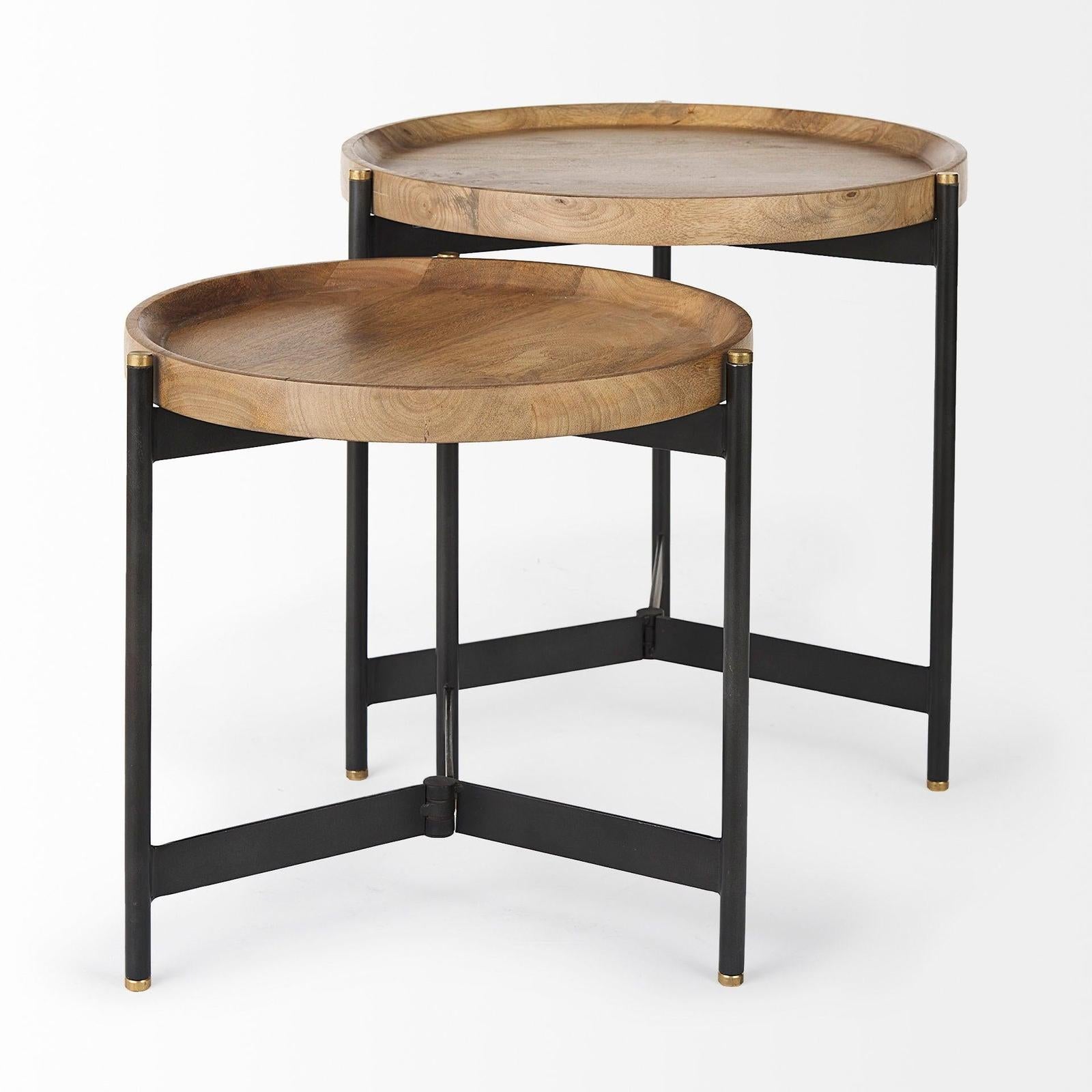 Mercana Marquisa Light Brown Wood W/ Black Metal Base Nesting Side Tables- Set of 2