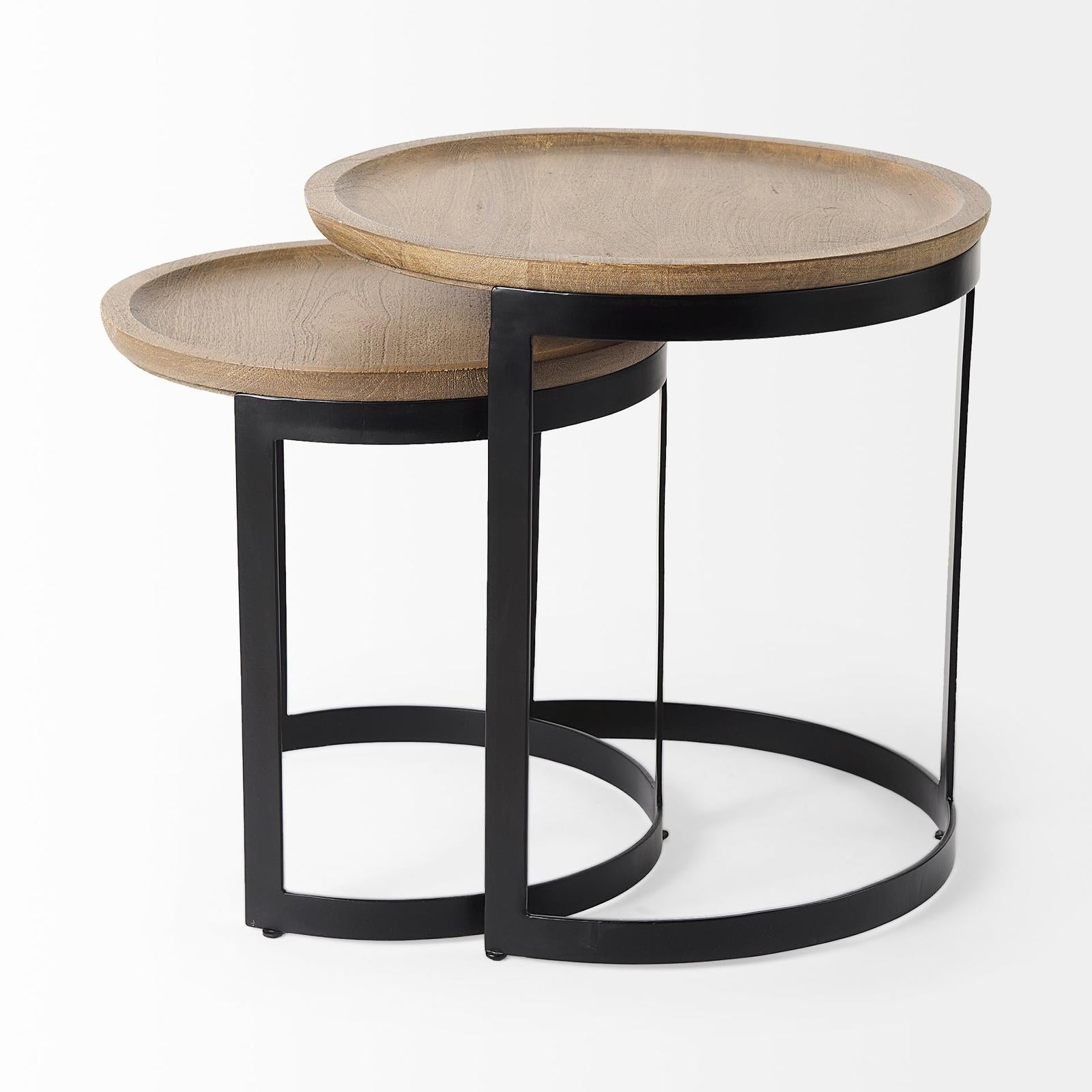Mercana Aisley Light Brown Wood W/ Black Metal Base Round Nesting Side Tables - Set of 2